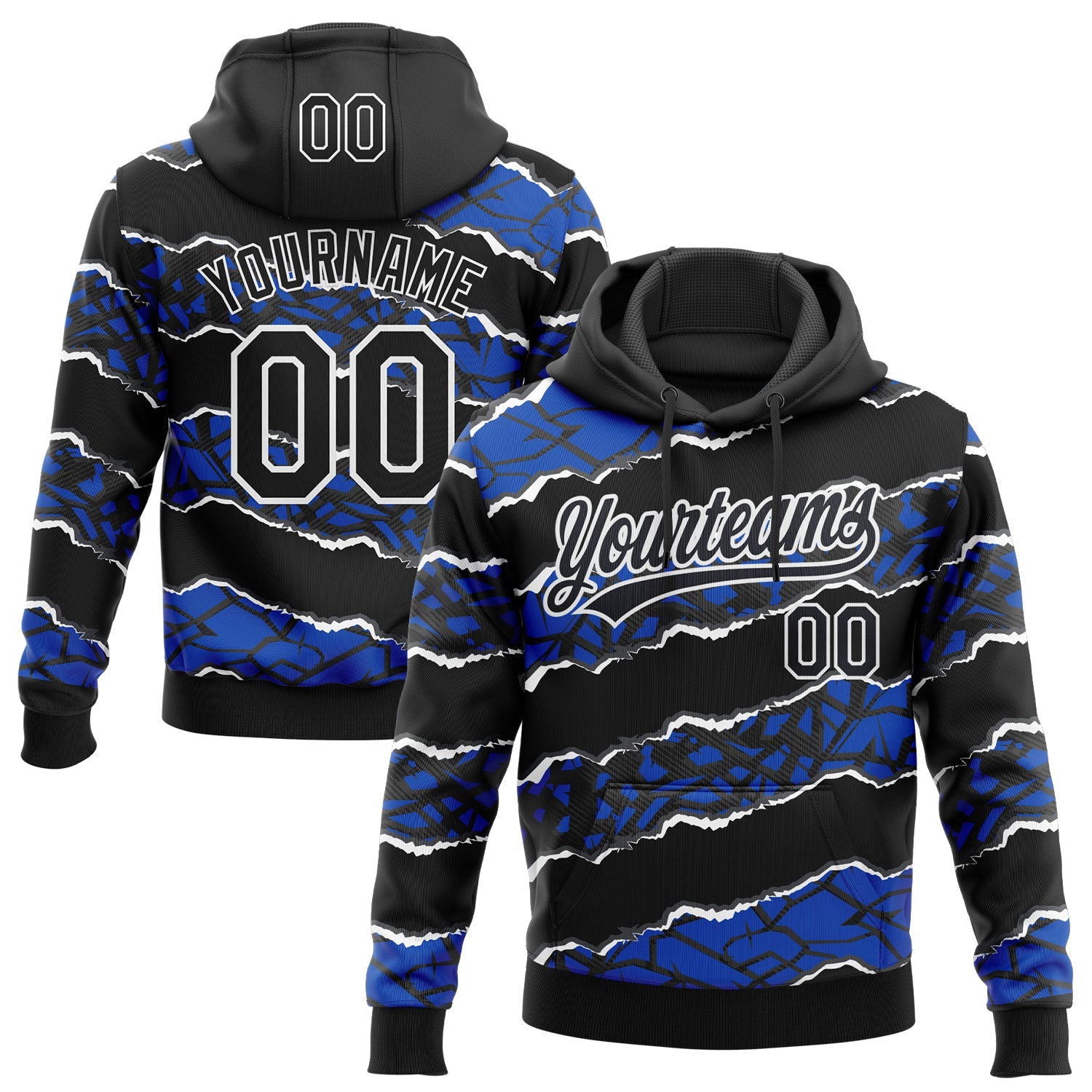 Custom Stitched Black Thunder Blue-White 3D Pattern Design Torn Paper Style Sports Pullover Sweatshirt Hoodie - Main View