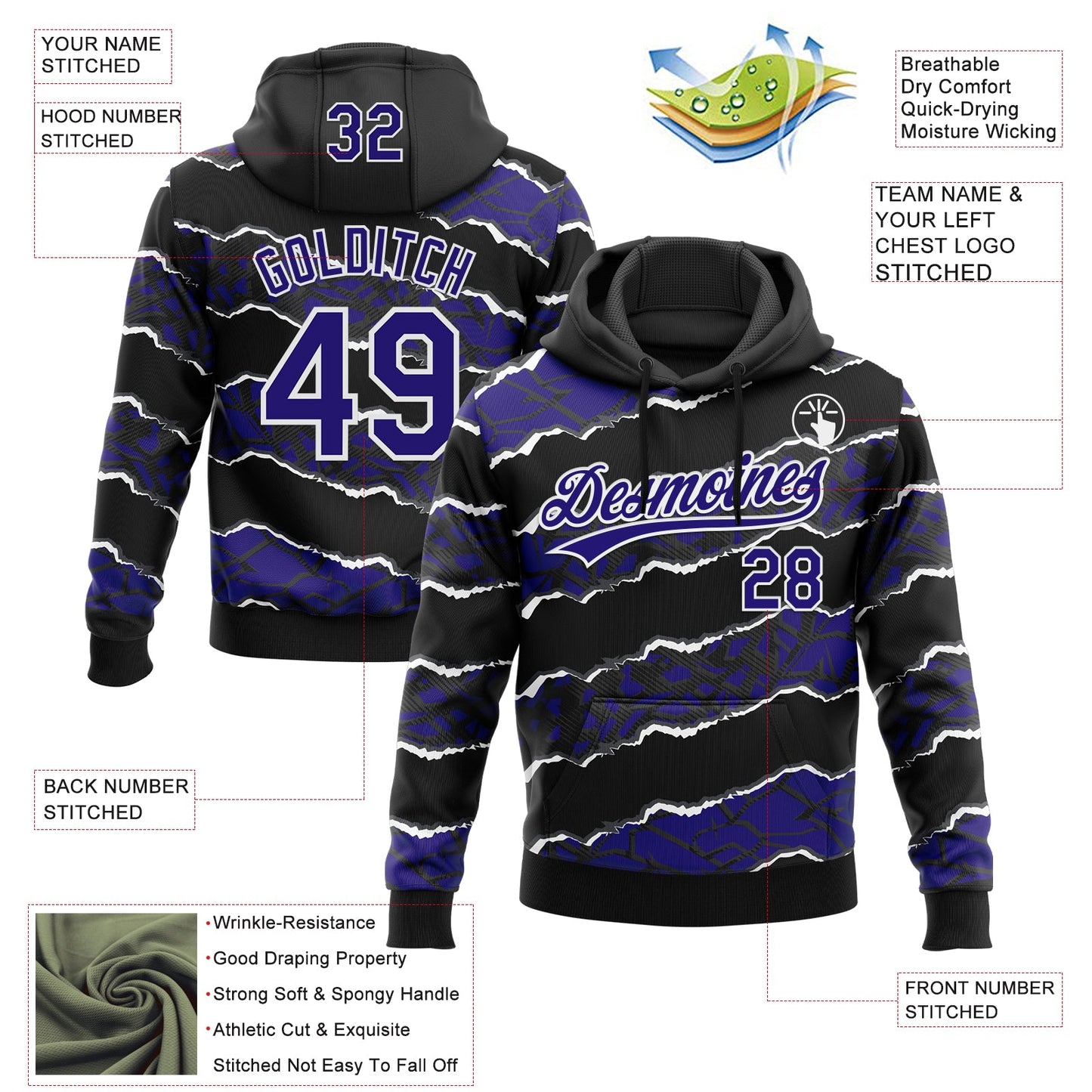 Custom Stitched Black Dark Purple-White 3D Pattern Design Torn Paper Style Sports Pullover Sweatshirt Hoodie view 2