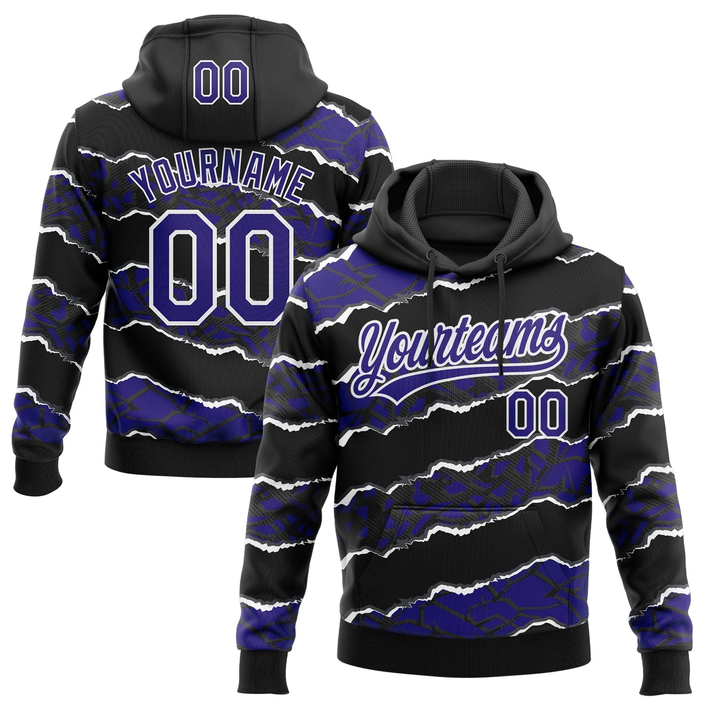 Custom Stitched Black Dark Purple-White 3D Pattern Design Torn Paper Style Sports Pullover Sweatshirt Hoodie - Main View