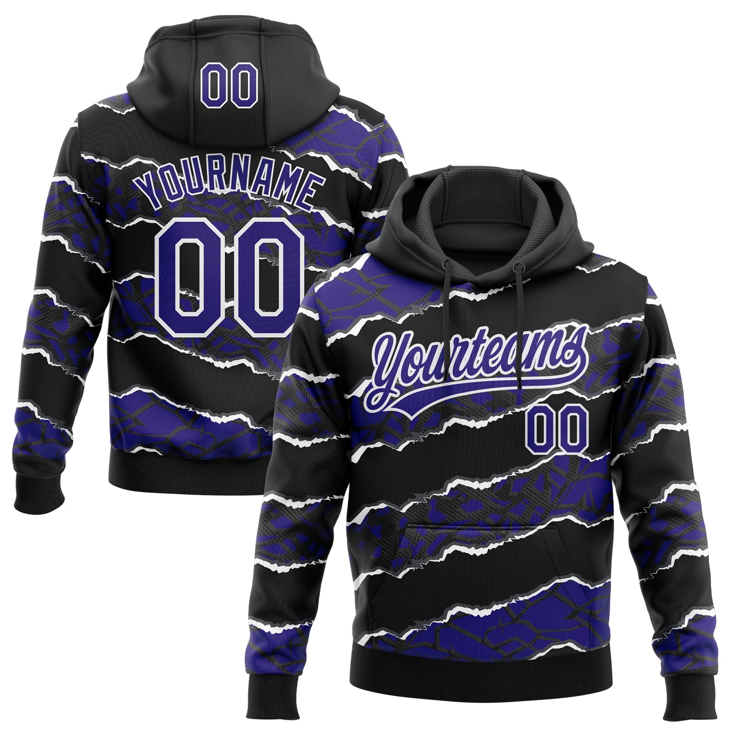 Custom Stitched Black Dark Purple-White 3D Pattern Design Torn Paper Style Sports Pullover Sweatshirt Hoodie - Main View