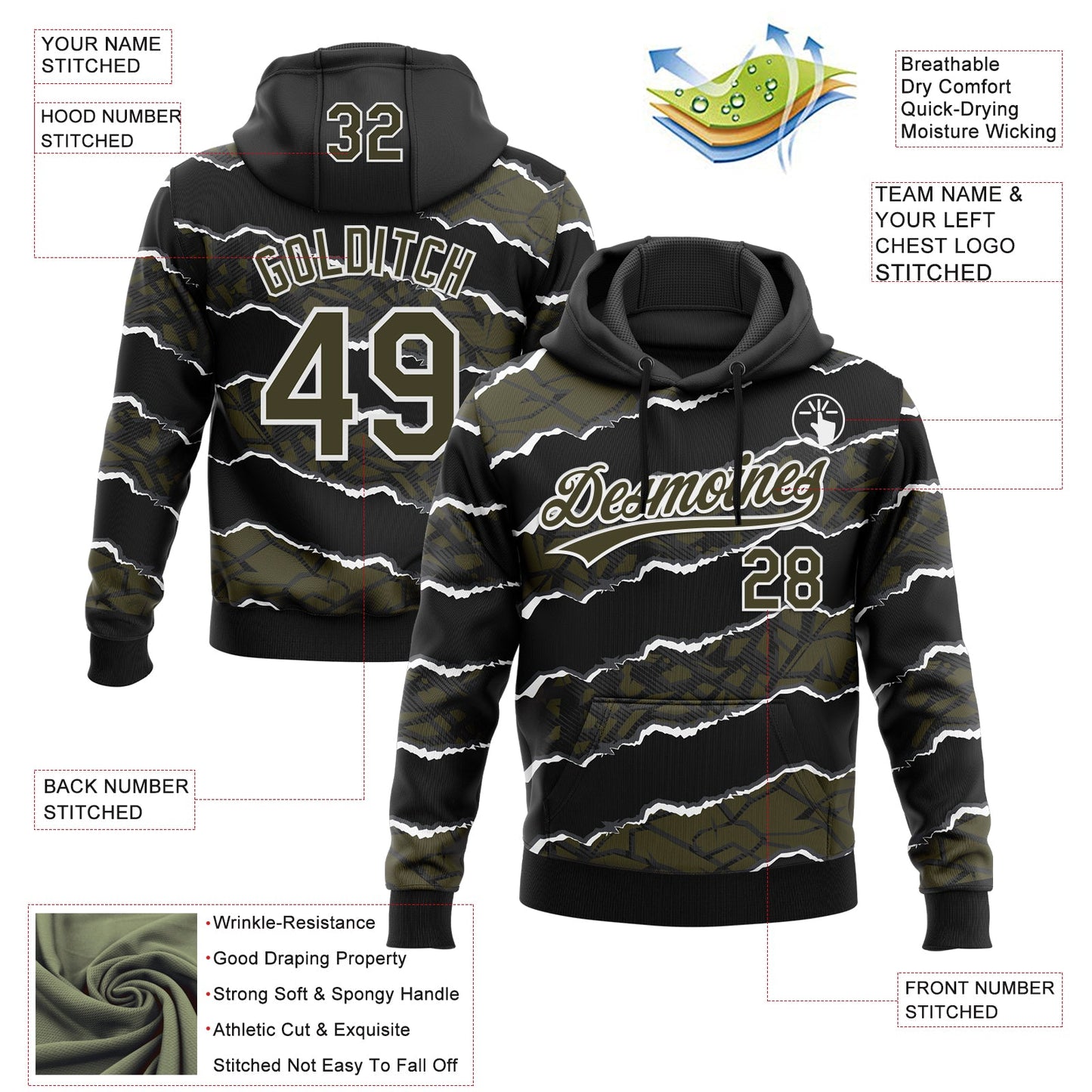 Custom Stitched Black Olive-White 3D Pattern Design Torn Paper Style Sports Pullover Sweatshirt Hoodie view 2