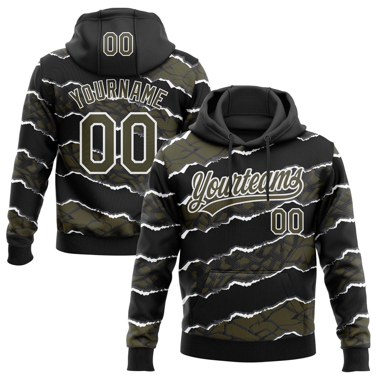 Custom Stitched Black Olive-White 3D Pattern Design Torn Paper Style Sports Pullover Sweatshirt Hoodie - Main View