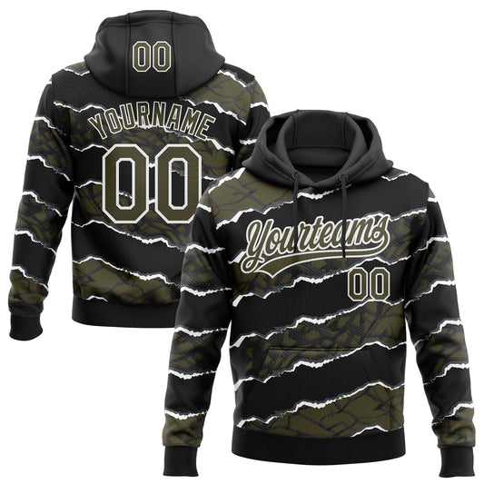 Custom Stitched Black Olive-White 3D Pattern Design Torn Paper Style Sports Pullover Sweatshirt Hoodie - Main View