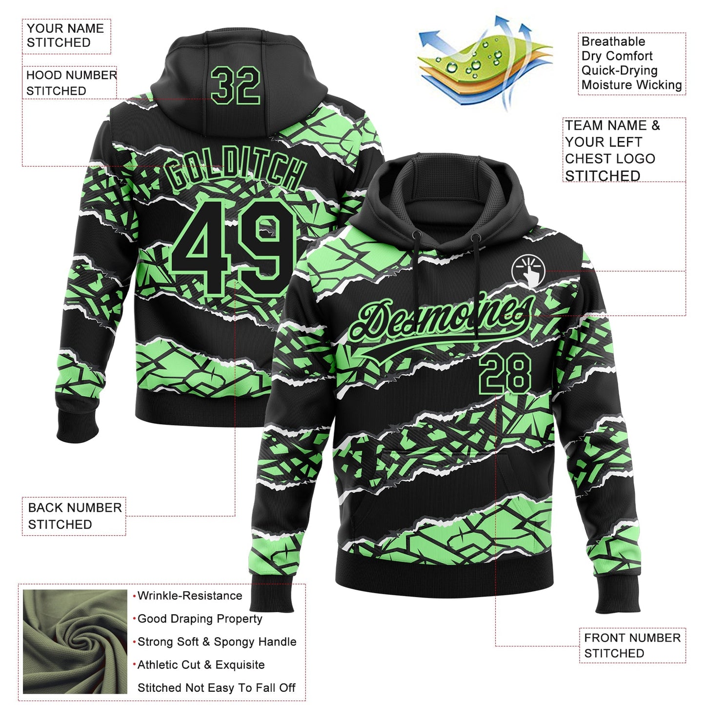 Custom Stitched Black Pea Green-White 3D Pattern Design Torn Paper Style Sports Pullover Sweatshirt Hoodie view 2