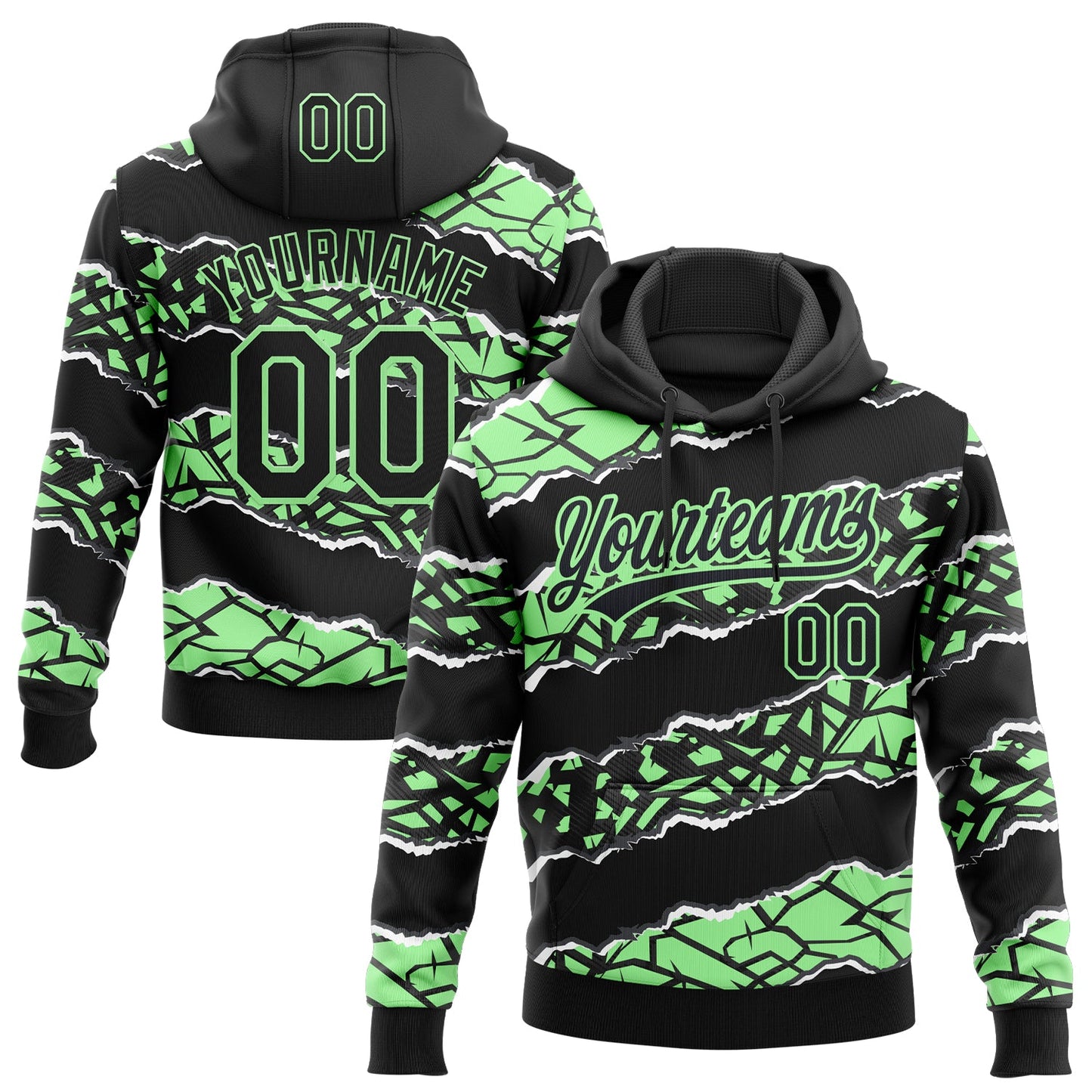 Custom Stitched Black Pea Green-White 3D Pattern Design Torn Paper Style Sports Pullover Sweatshirt Hoodie - Main View