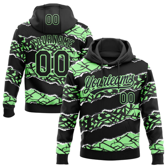 Custom Stitched Black Pea Green-White 3D Pattern Design Torn Paper Style Sports Pullover Sweatshirt Hoodie - Main View