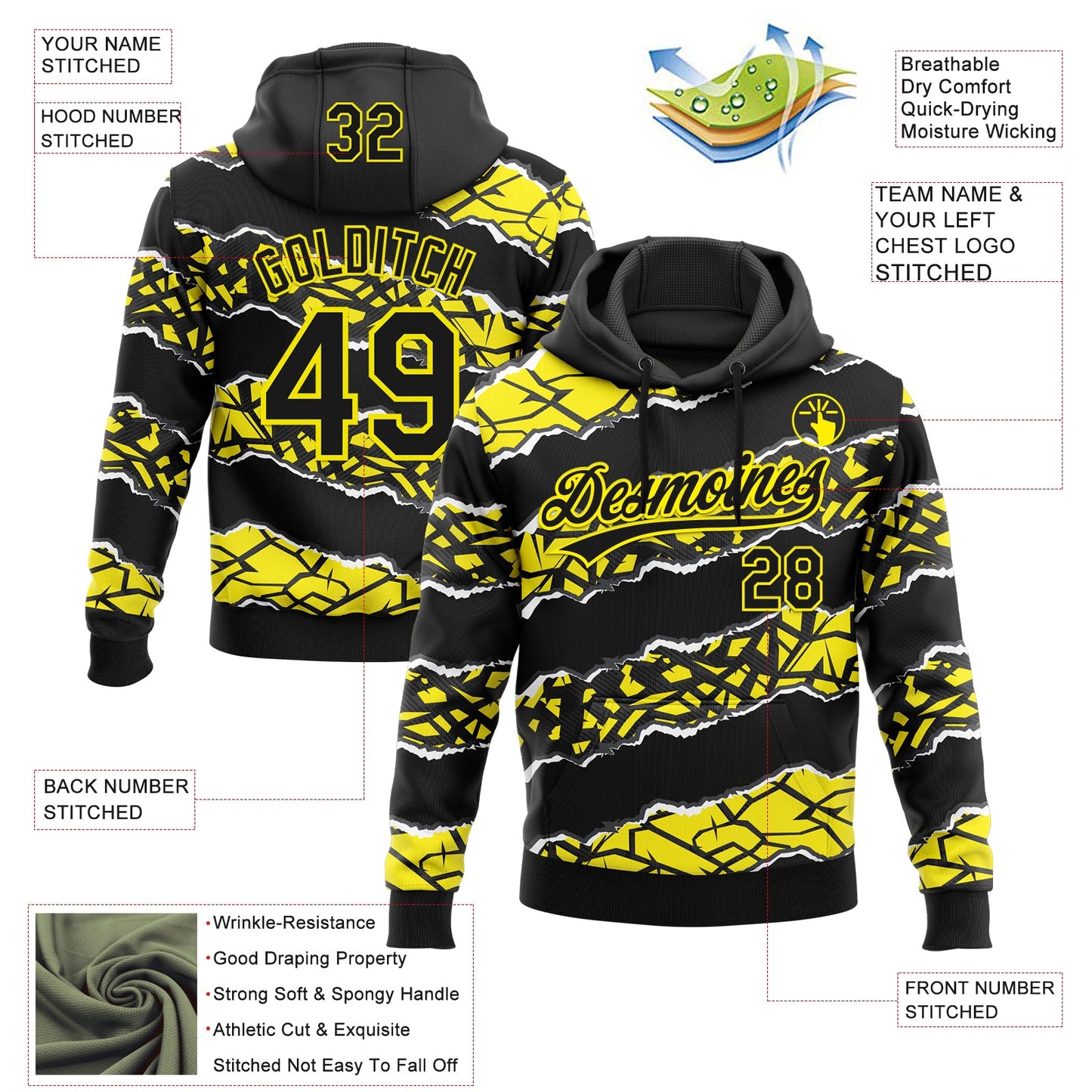 Custom Stitched Black Light Yellow-White 3D Pattern Design Torn Paper Style Sports Pullover Sweatshirt Hoodie view 2
