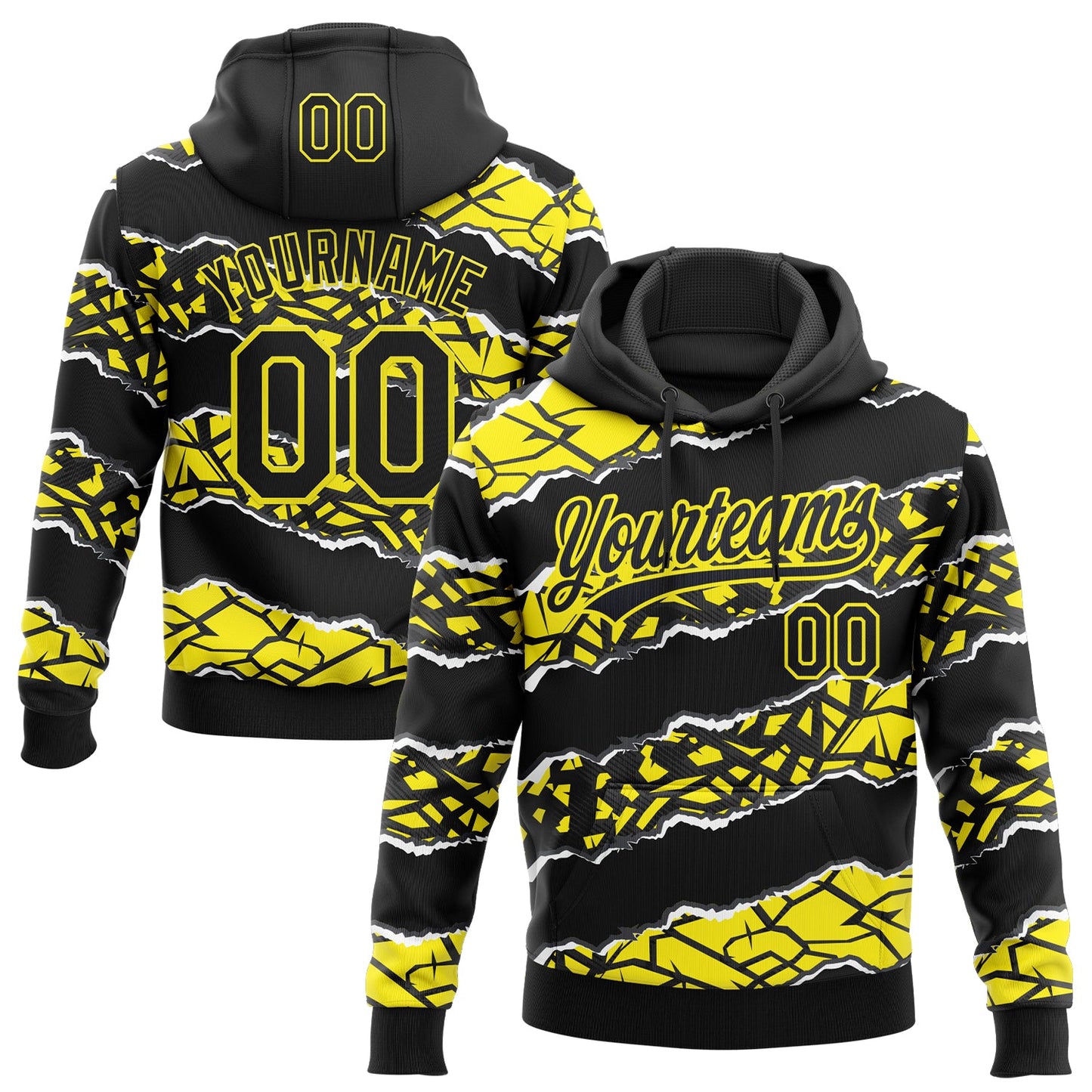 Custom Stitched Black Light Yellow-White 3D Pattern Design Torn Paper Style Sports Pullover Sweatshirt Hoodie - Main View