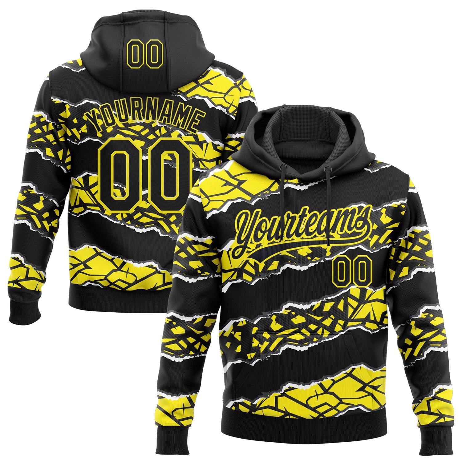 Custom Stitched Black Light Yellow-White 3D Pattern Design Torn Paper Style Sports Pullover Sweatshirt Hoodie - Main View