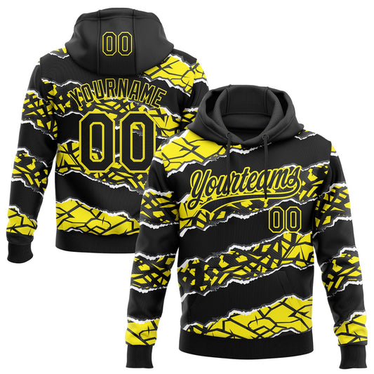 Custom Stitched Black Light Yellow-White 3D Pattern Design Torn Paper Style Sports Pullover Sweatshirt Hoodie - Main View