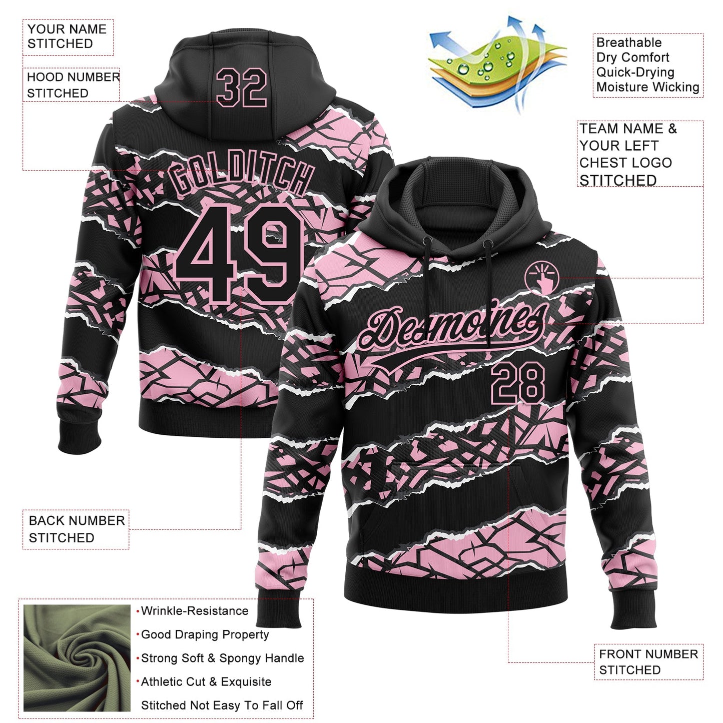 Custom Stitched Black Light Pink-White 3D Pattern Design Torn Paper Style Sports Pullover Sweatshirt Hoodie view 2