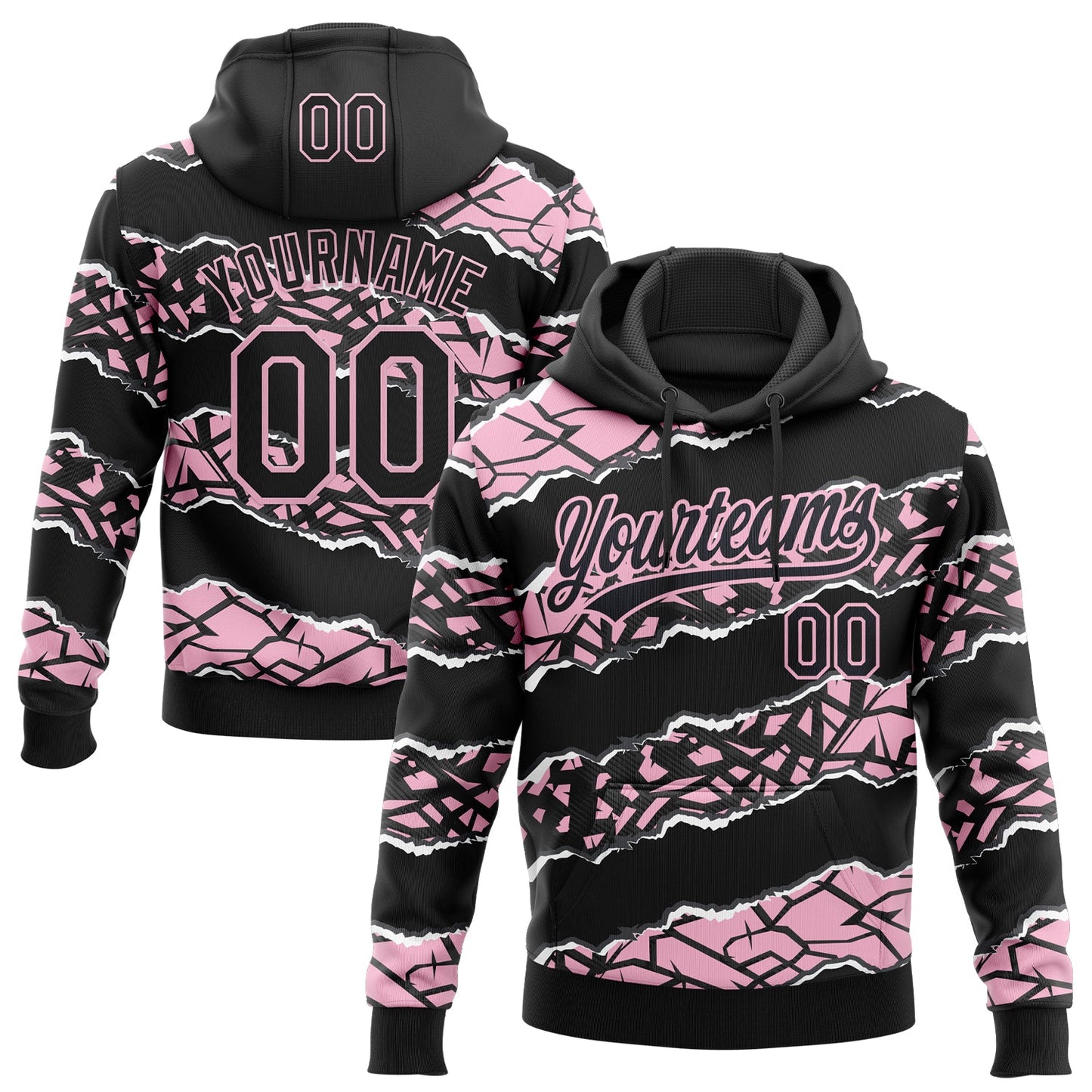 Custom Stitched Black Light Pink-White 3D Pattern Design Torn Paper Style Sports Pullover Sweatshirt Hoodie - Main View