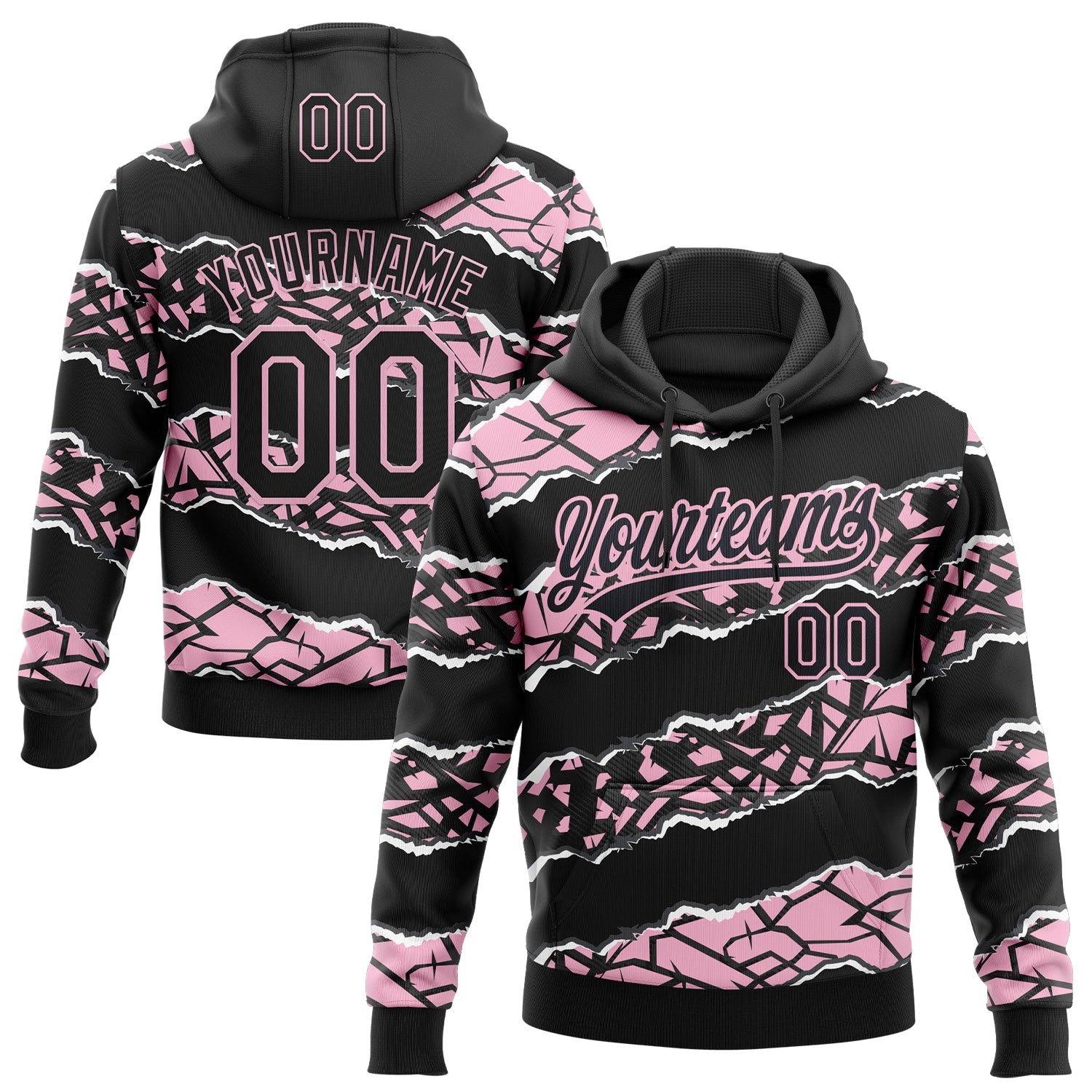 Custom Stitched Black Light Pink-White 3D Pattern Design Torn Paper Style Sports Pullover Sweatshirt Hoodie - Main View