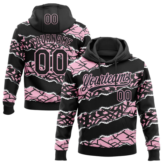Custom Stitched Black Light Pink-White 3D Pattern Design Torn Paper Style Sports Pullover Sweatshirt Hoodie - Main View