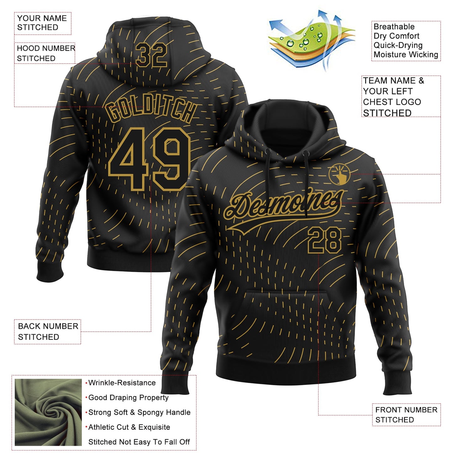 Custom Stitched Black Old Gold 3D Pattern Design Line Sportswear Pullover Sweatshirt Hoodie view 2