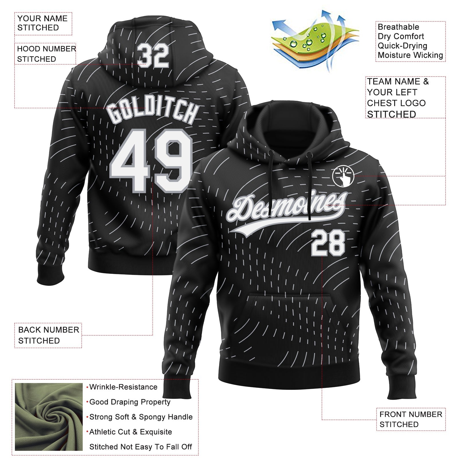 Custom Stitched Black White-Gray 3D Pattern Design Line Sportswear Pullover Sweatshirt Hoodie view 2