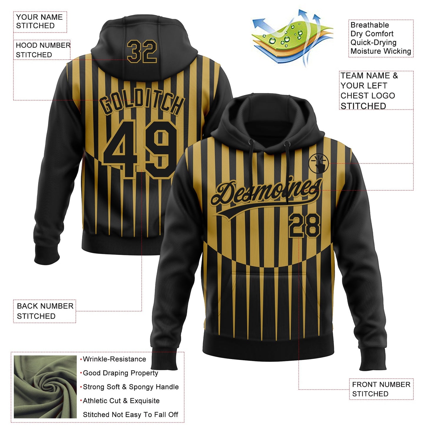 Custom Stitched Black Old Gold 3D Pattern Design Line Sportswear Pullover Sweatshirt Hoodie view 2