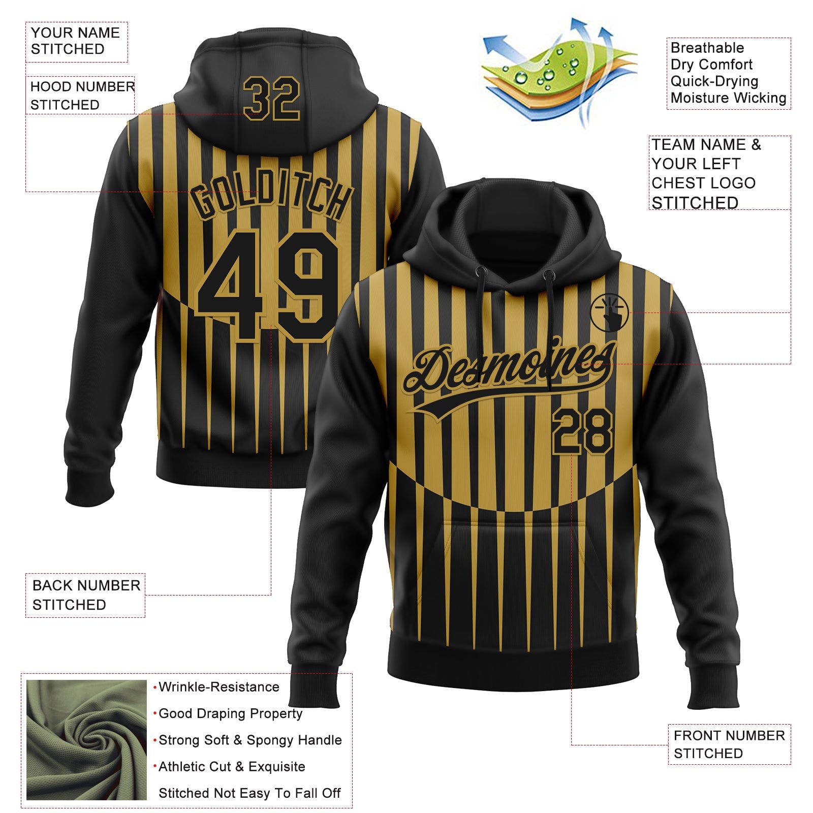 Custom Stitched Black Old Gold 3D Pattern Design Line Sportswear Pullover Sweatshirt Hoodie view 2
