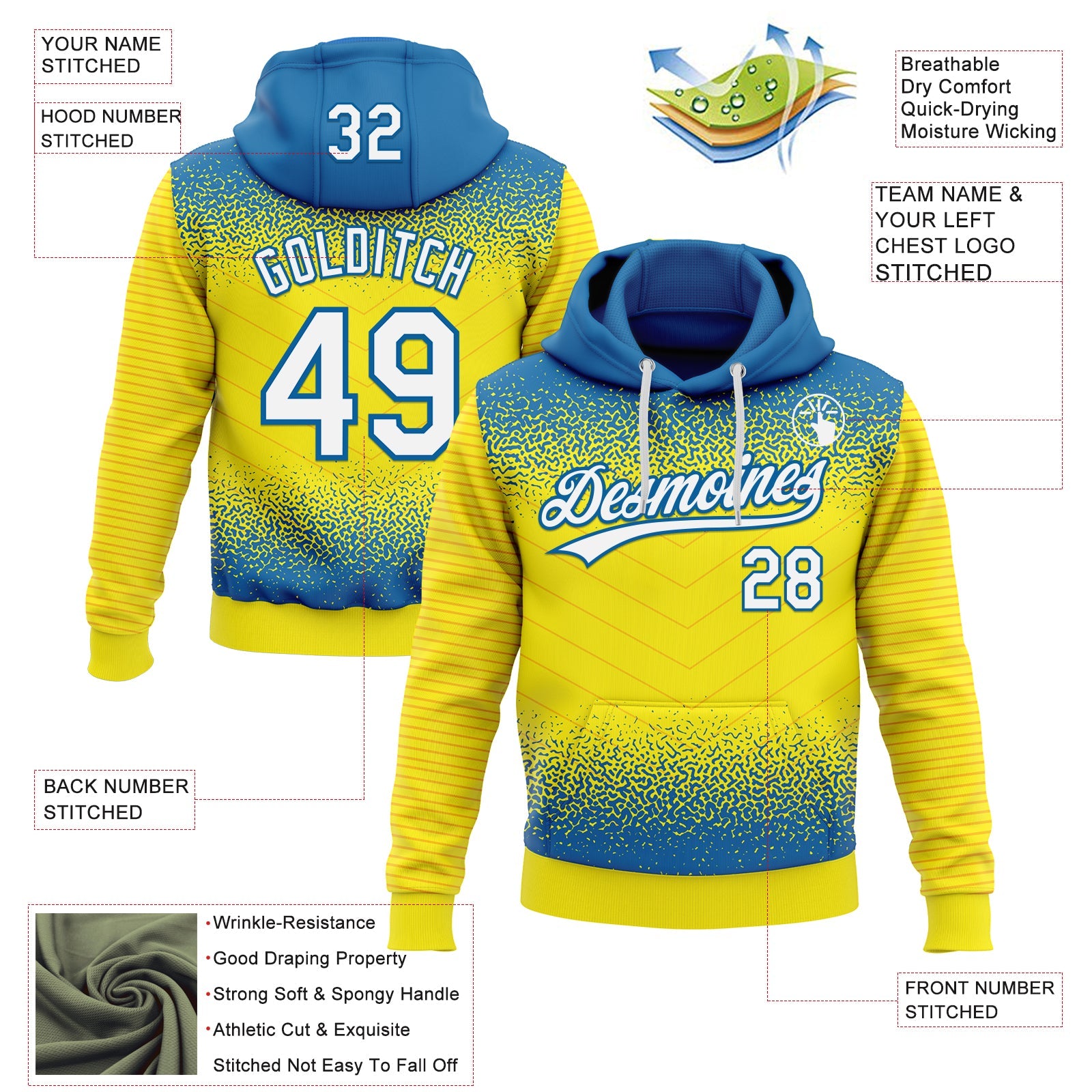 Custom Stitched Blue White-Light Yellow 3D Pattern Design Line Sportswear Pullover Sweatshirt Hoodie view 2