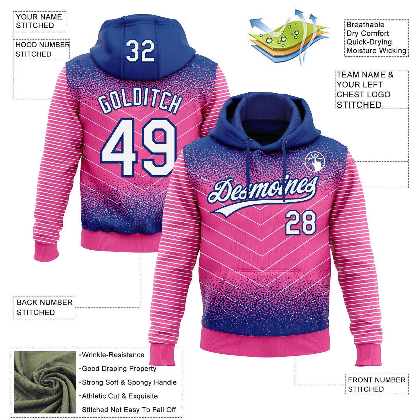 Custom Stitched Royal White-Pink 3D Pattern Design Line Sportswear Pullover Sweatshirt Hoodie view 2
