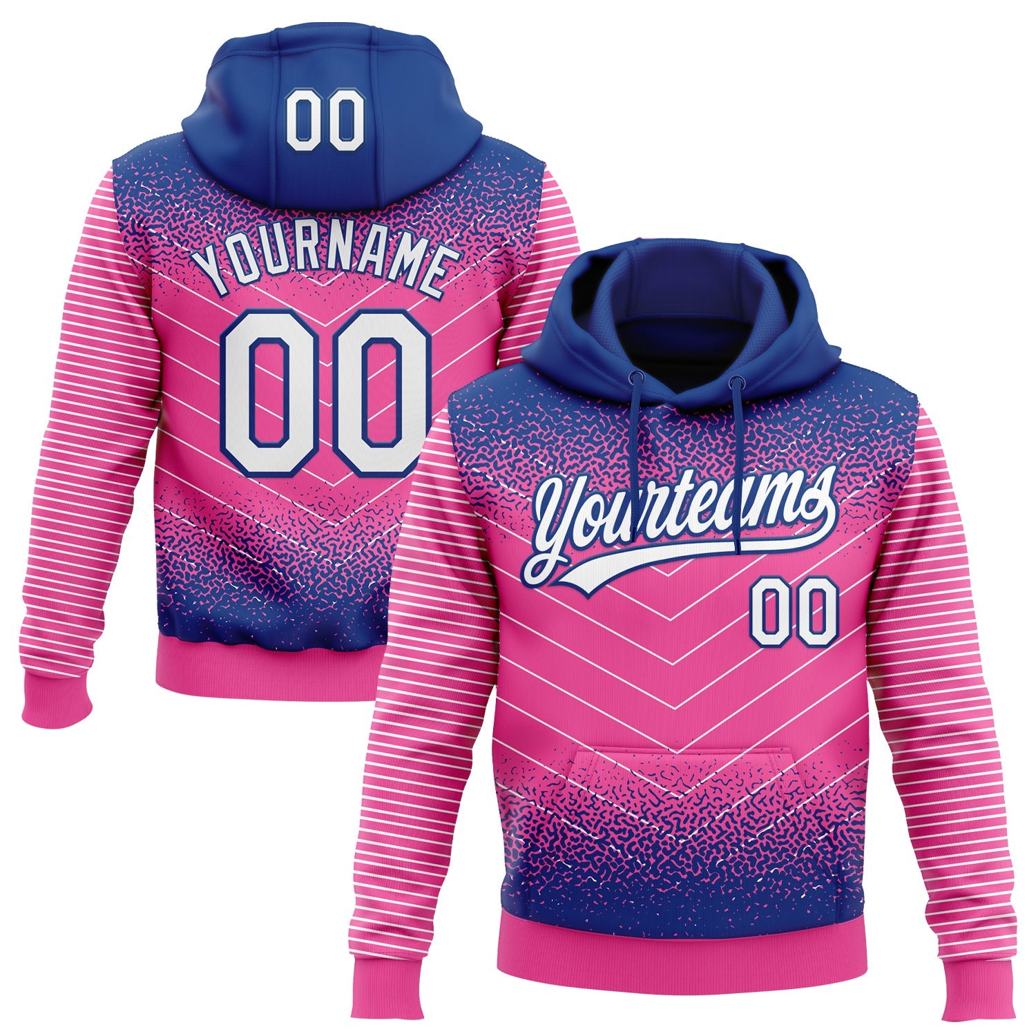 Custom Stitched Royal White-Pink 3D Pattern Design Line Sportswear Pullover Sweatshirt Hoodie - Main View