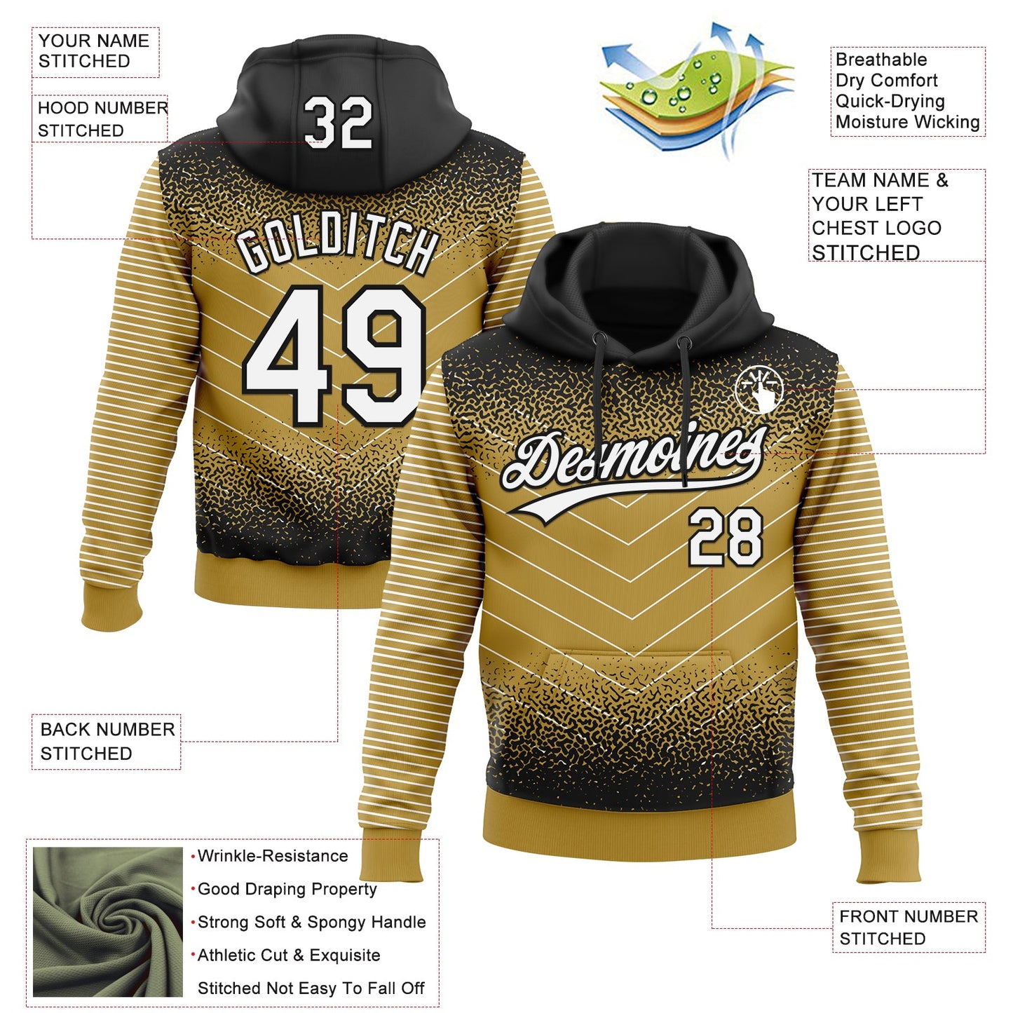 Custom Stitched Black White-Old Gold 3D Pattern Design Line Sportswear Pullover Sweatshirt Hoodie view 2