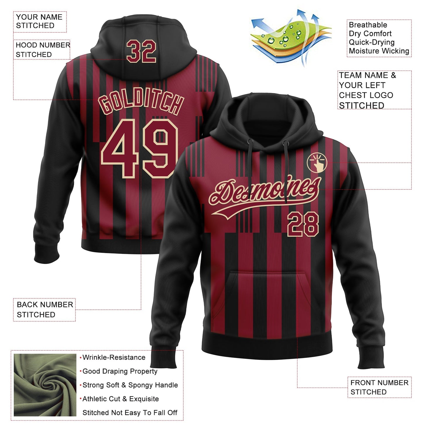 Custom Stitched Black Crimson-Cream 3D Pattern Design Line Sportswear Pullover Sweatshirt Hoodie view 2