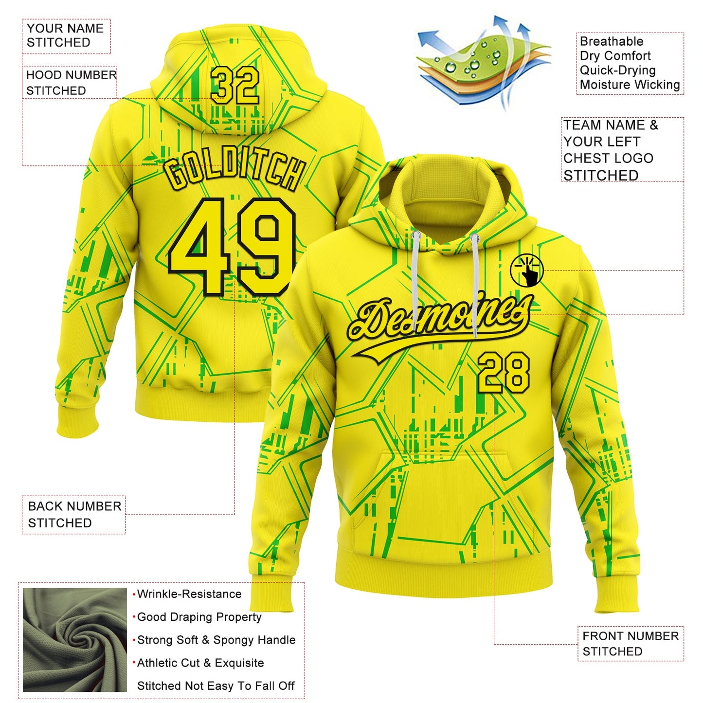 Custom Stitched Light Yellow Green-Black 3D Pattern Design Line Sportswear Pullover Sweatshirt Hoodie view 2