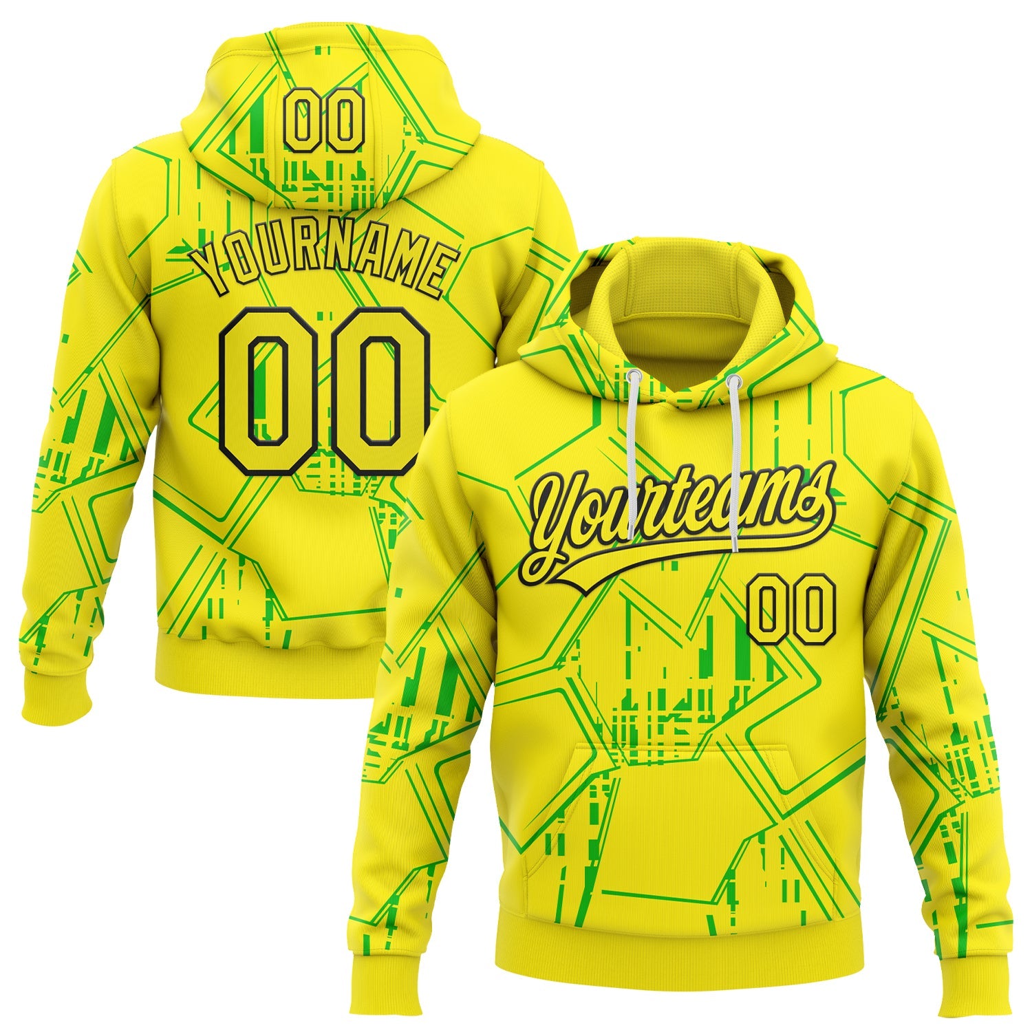 Custom Stitched Light Yellow Green-Black 3D Pattern Design Line Sportswear Pullover Sweatshirt Hoodie - Main View