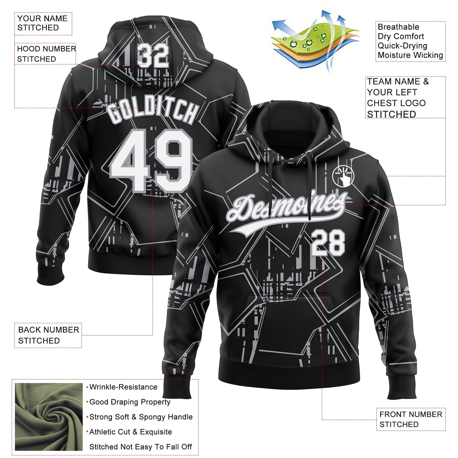 Custom Stitched Black White-Gray 3D Pattern Design Line Sportswear Pullover Sweatshirt Hoodie view 2