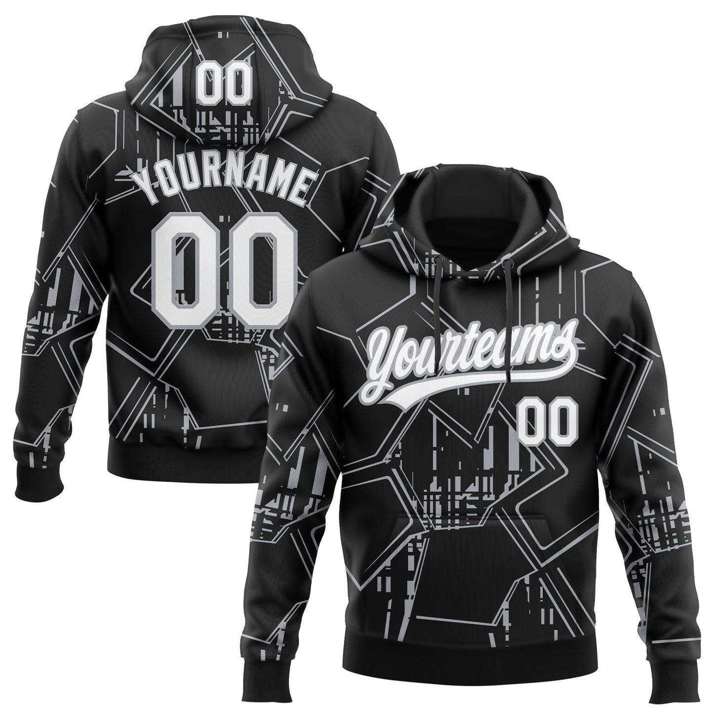Custom Stitched Black White-Gray 3D Pattern Design Line Sportswear Pullover Sweatshirt Hoodie - Main View