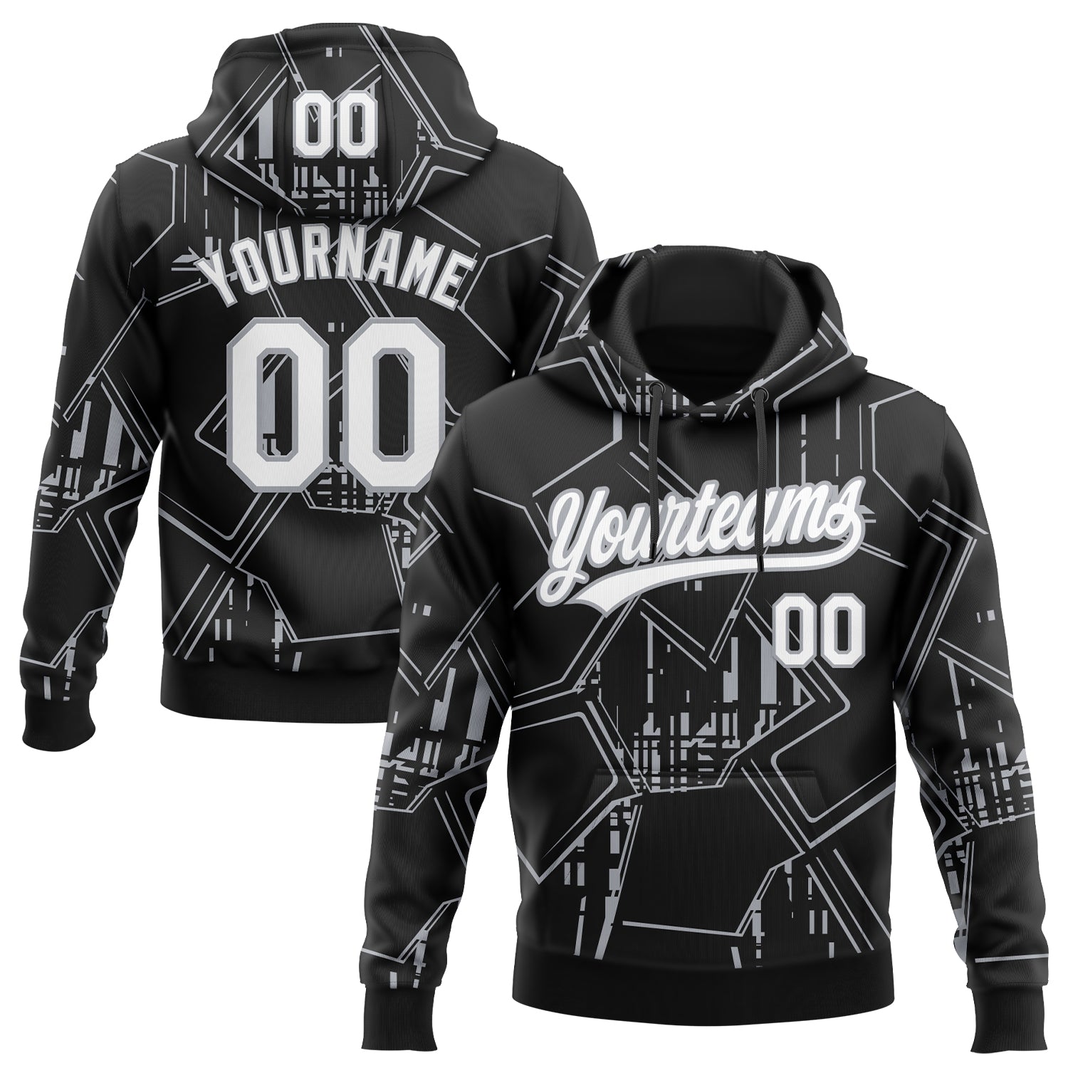 Custom Stitched Black White-Gray 3D Pattern Design Line Sportswear Pullover Sweatshirt Hoodie - Main View