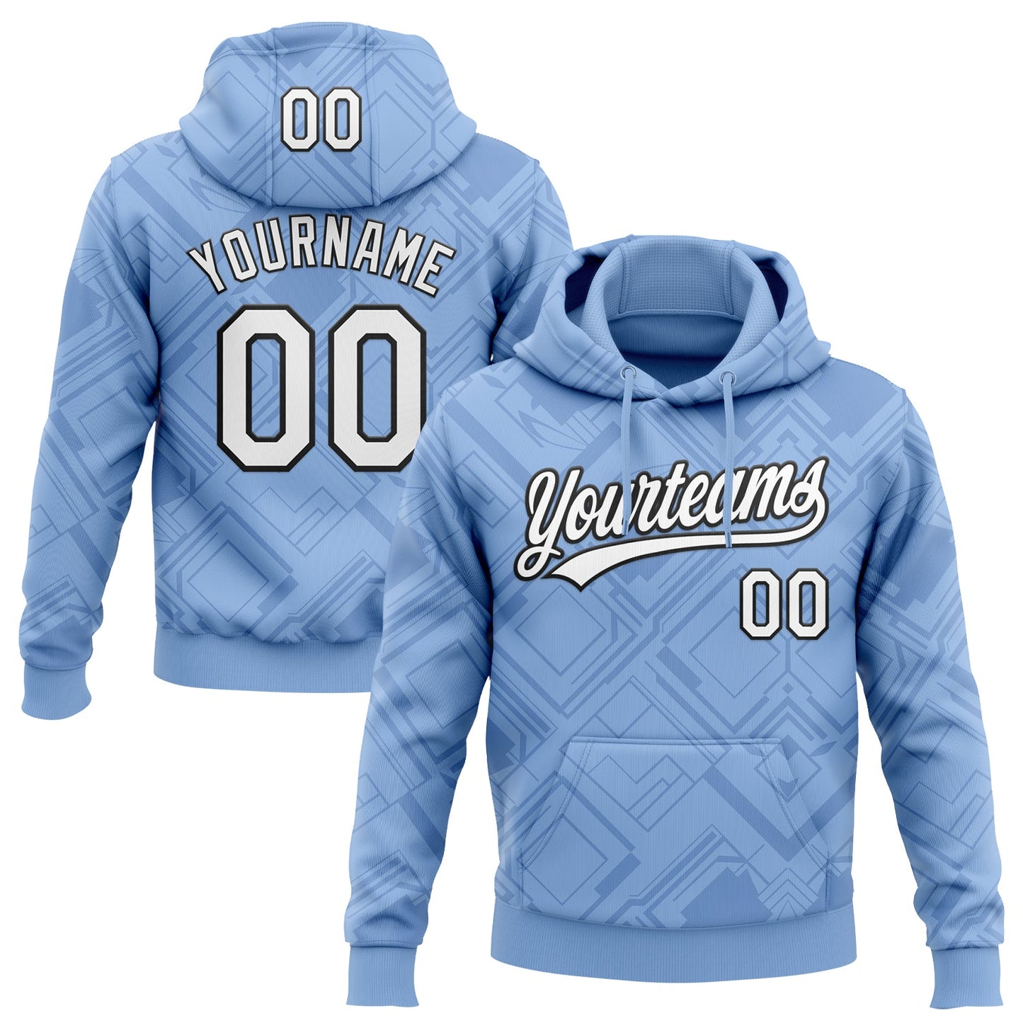 Custom Stitched Light Blue White-Black 3D Pattern Design Line Sportswear Pullover Sweatshirt Hoodie - Main View