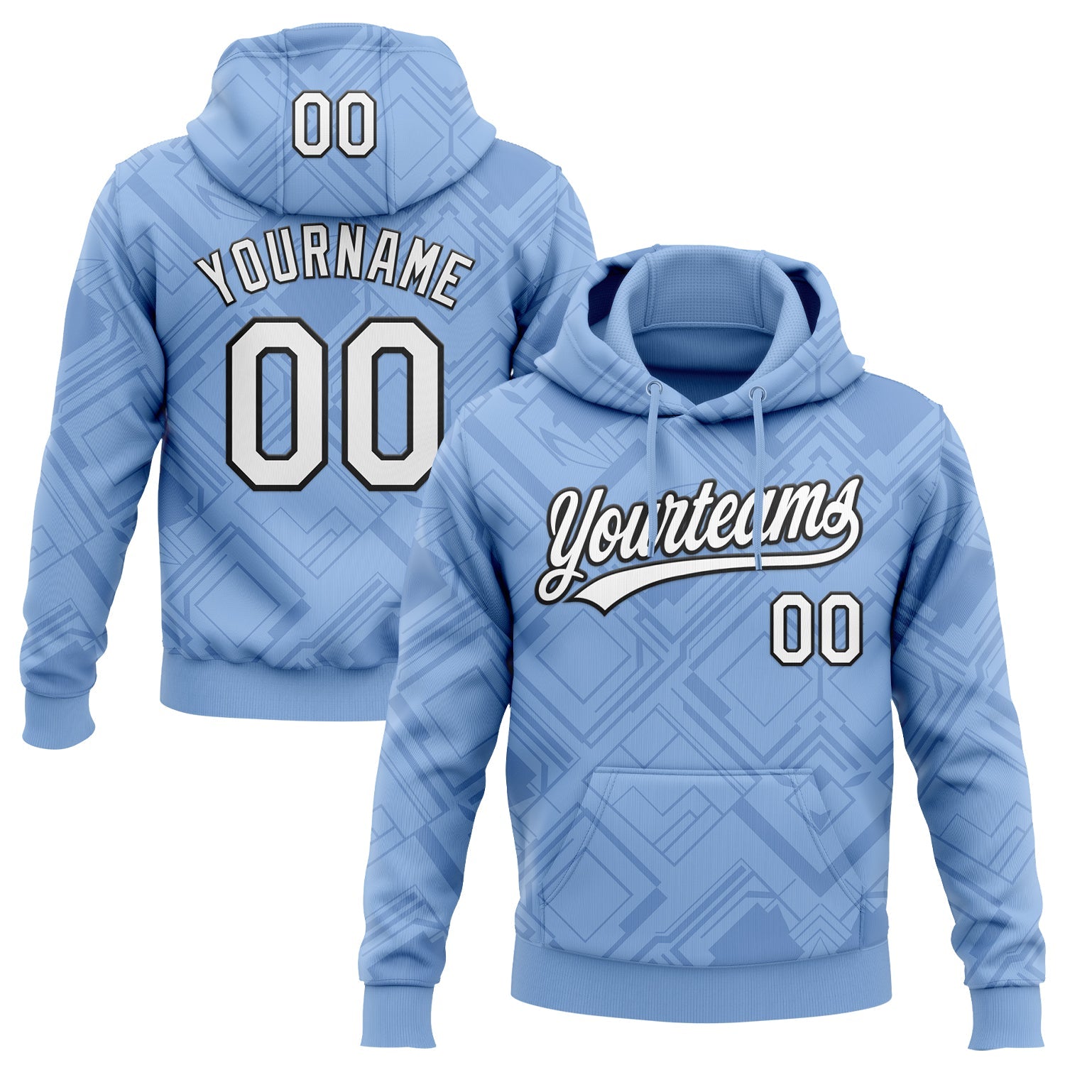 Custom Stitched Light Blue White-Black 3D Pattern Design Line Sportswear Pullover Sweatshirt Hoodie - Main View