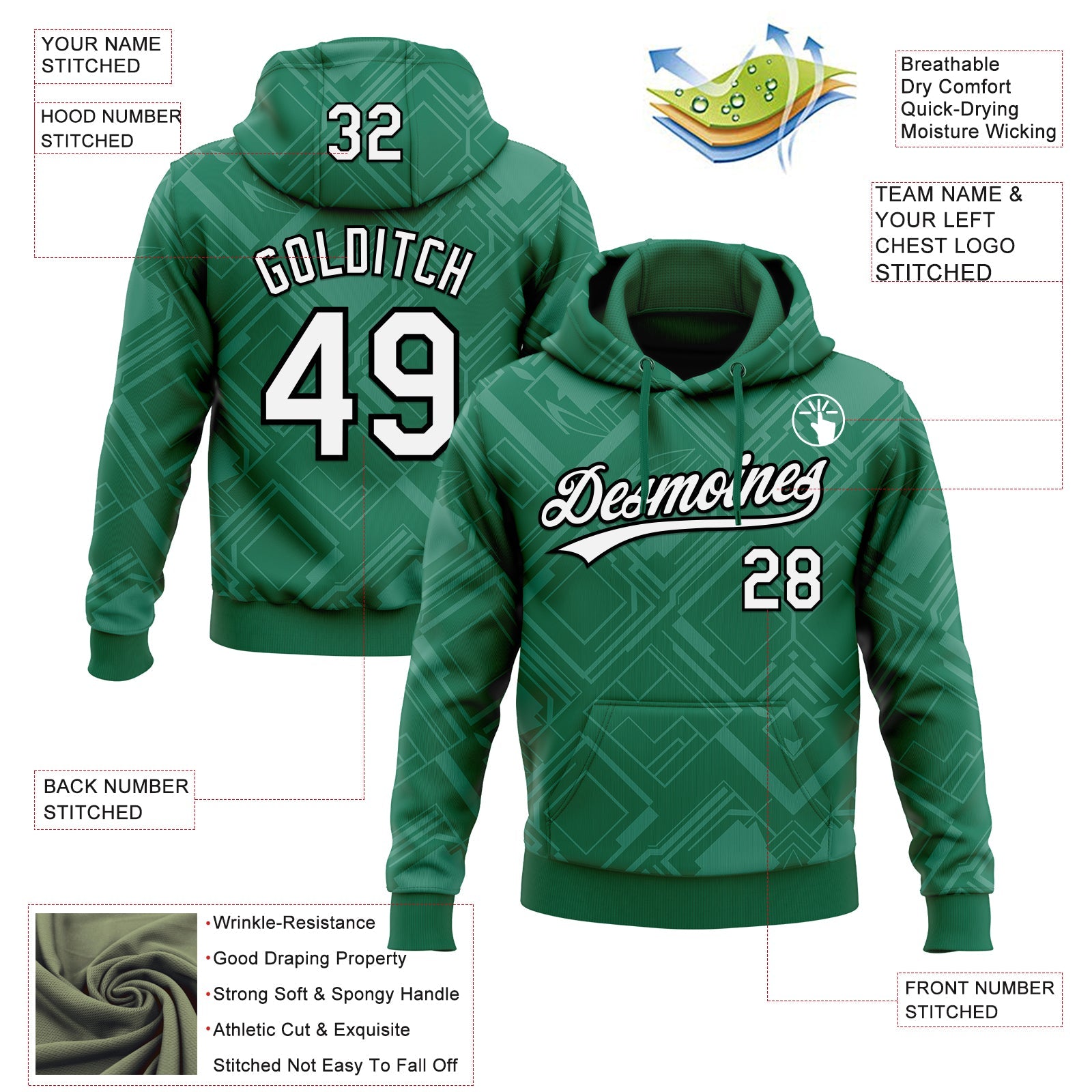 Custom Stitched Kelly Green White-Black 3D Pattern Design Line Sportswear Pullover Sweatshirt Hoodie view 2