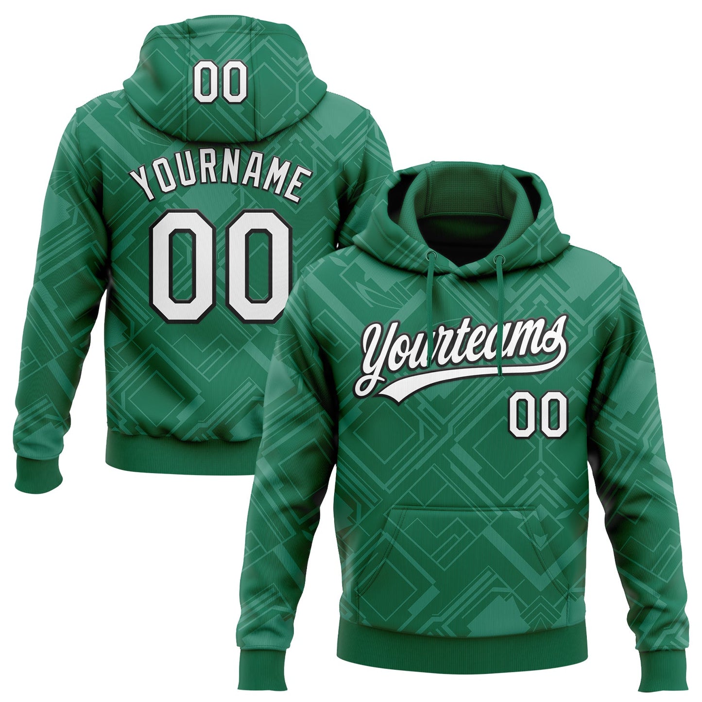 Custom Stitched Kelly Green White-Black 3D Pattern Design Line Sportswear Pullover Sweatshirt Hoodie - Main View