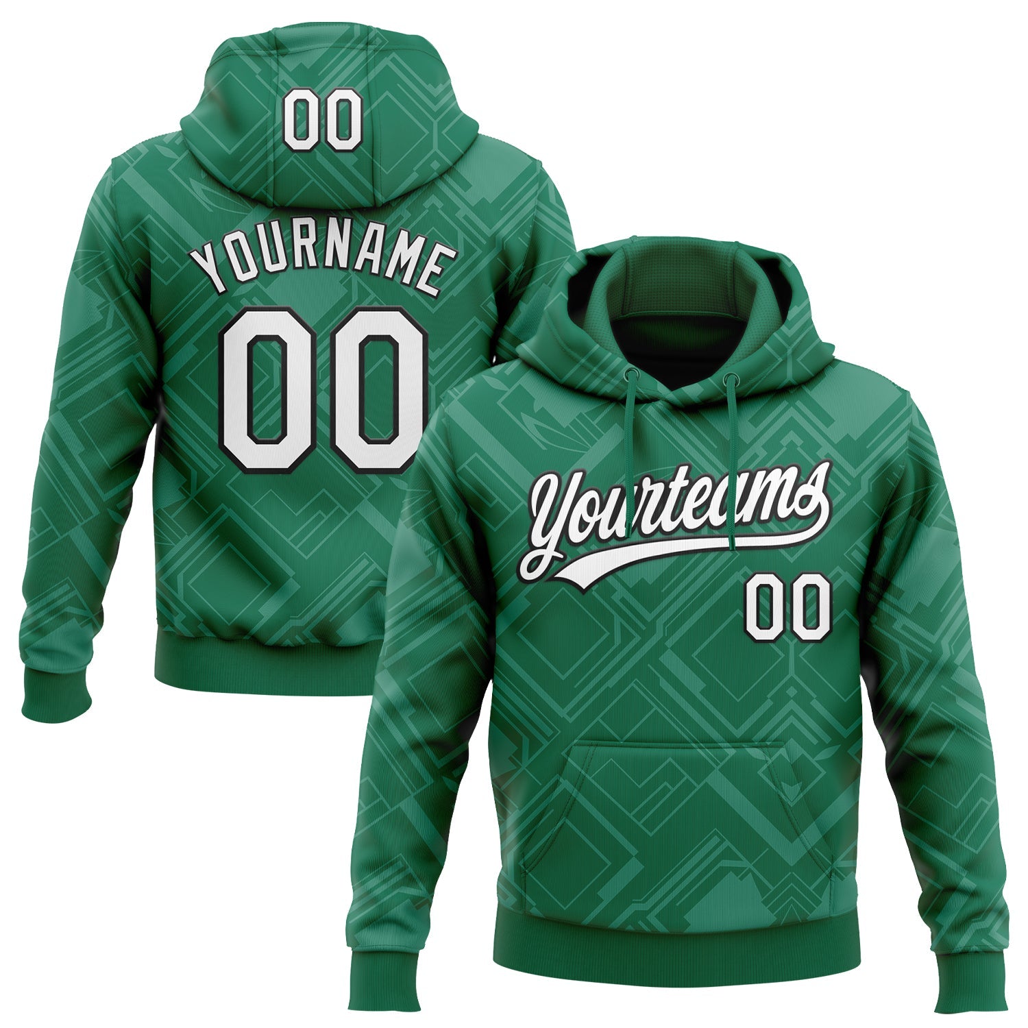 Custom Stitched Kelly Green White-Black 3D Pattern Design Line Sportswear Pullover Sweatshirt Hoodie - Main View