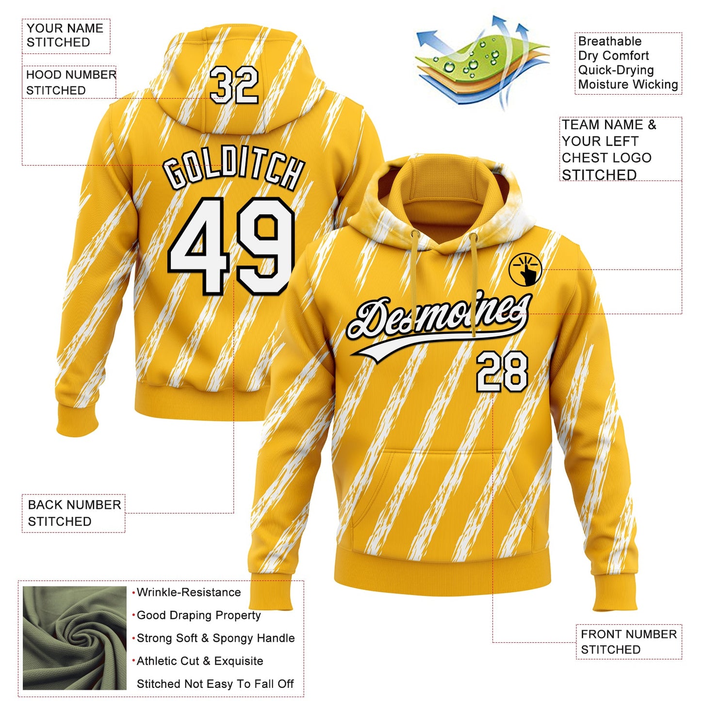 Custom Stitched Gold White-Black 3D Pattern Design Line Sportswear Pullover Sweatshirt Hoodie view 2