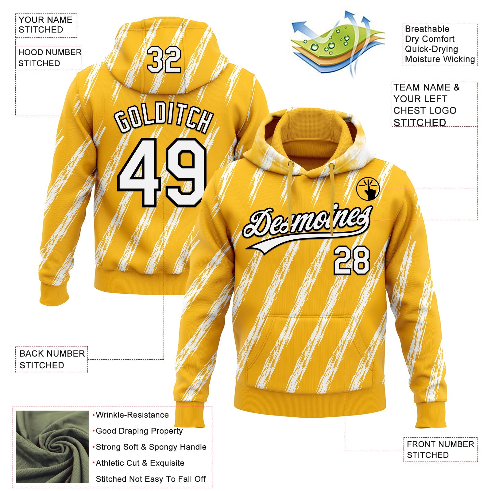 Custom Stitched Gold White-Black 3D Pattern Design Line Sportswear Pullover Sweatshirt Hoodie view 2