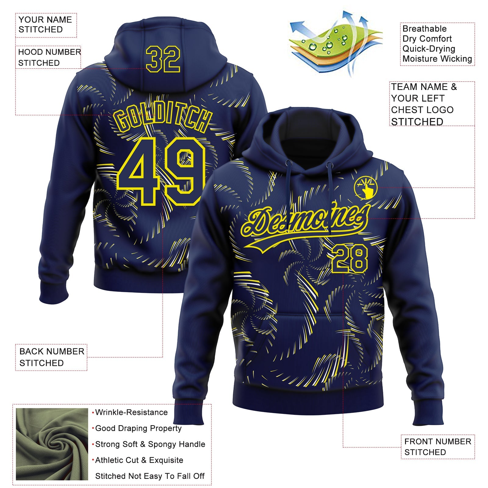 Custom Stitched Navy Light Yellow-White 3D Pattern Design Line Sportswear Pullover Sweatshirt Hoodie view 2