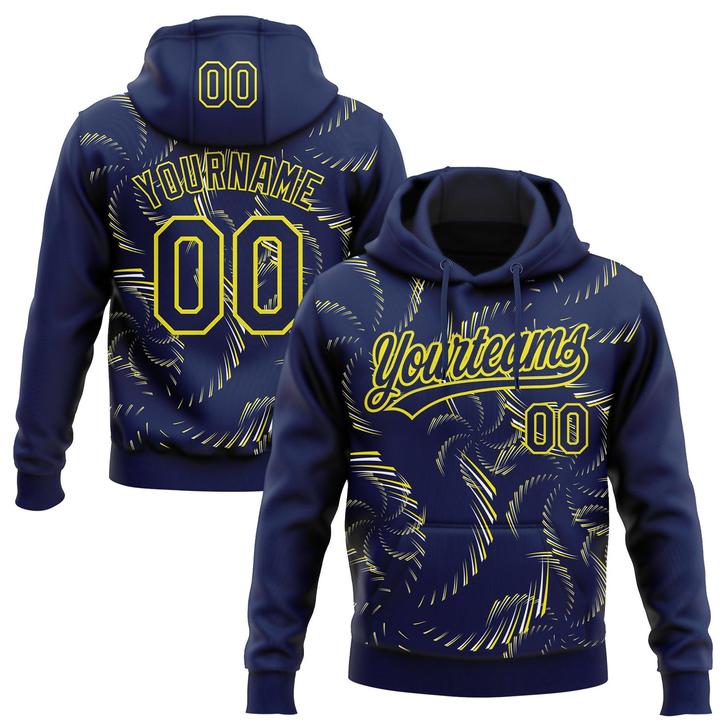 Custom Stitched Navy Light Yellow-White 3D Pattern Design Line Sportswear Pullover Sweatshirt Hoodie - Main View