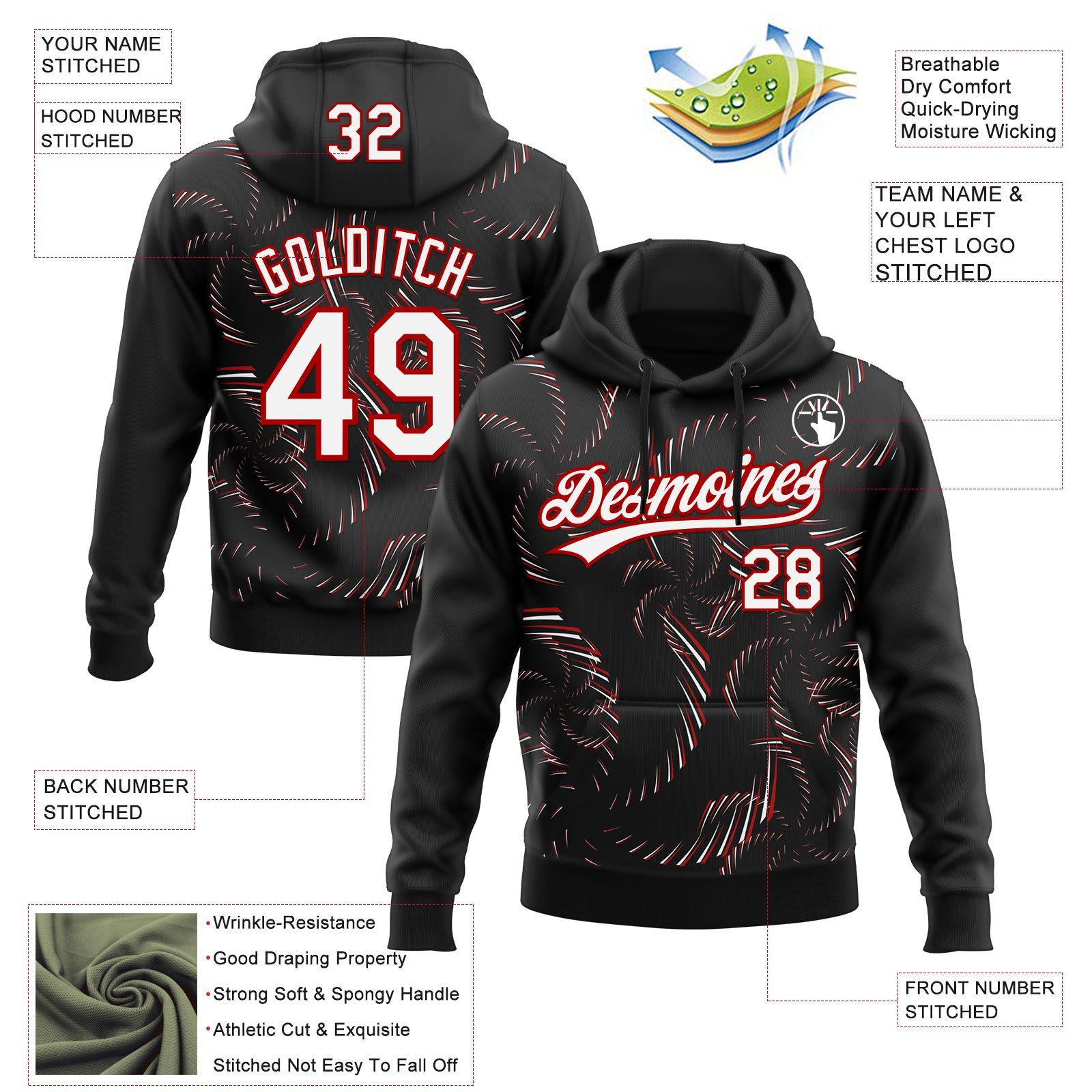 Custom Stitched Black White-Red 3D Pattern Design Line Sportswear Pullover Sweatshirt Hoodie view 2