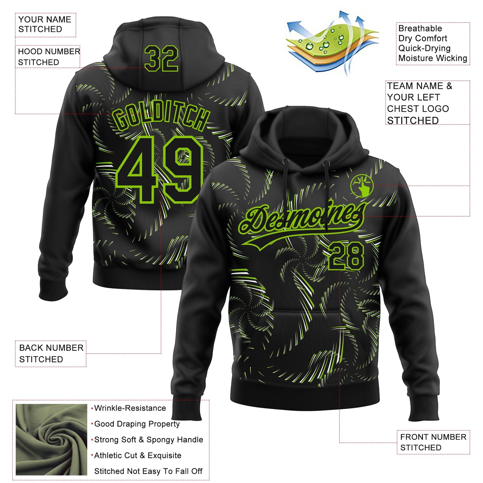 Custom Stitched Black Neon Green-White 3D Pattern Design Line Sportswear Pullover Sweatshirt Hoodie view 2