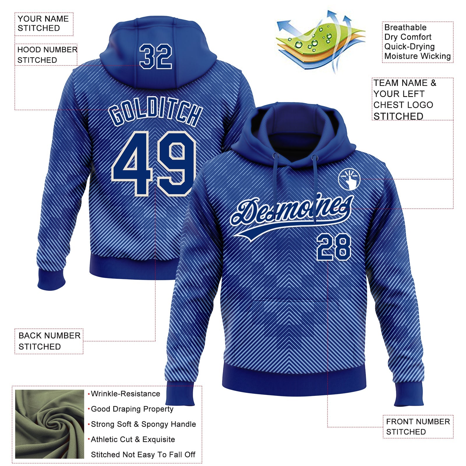 Custom Stitched Royal White 3D Pattern Design Line Sportswear Pullover Sweatshirt Hoodie view 2