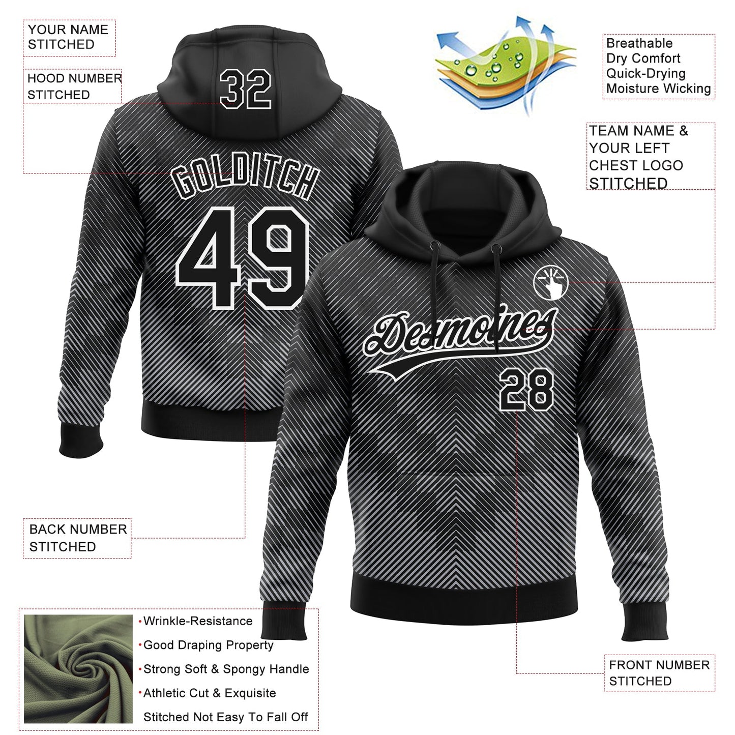 Custom Stitched Black White 3D Pattern Design Line Sportswear Pullover Sweatshirt Hoodie view 2