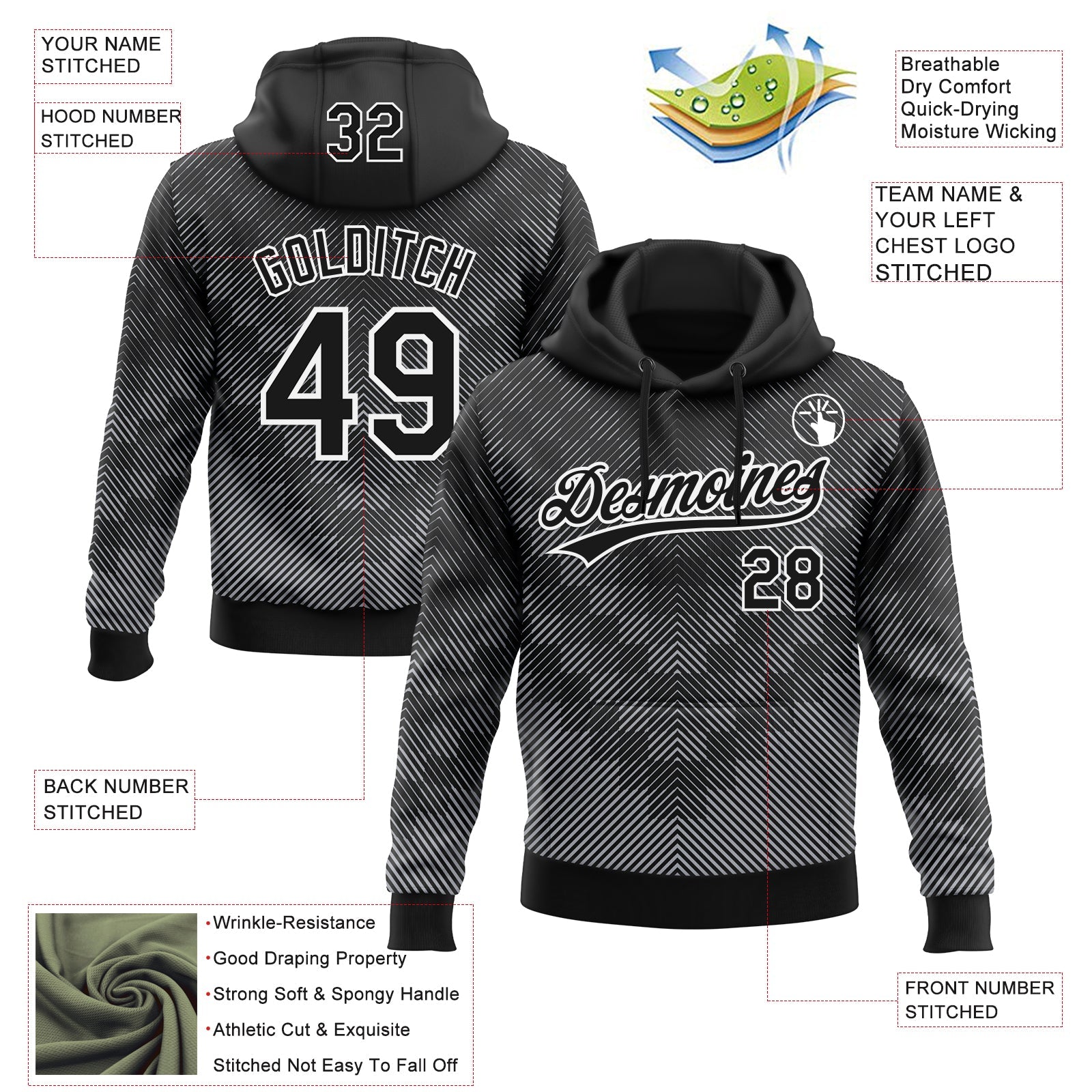 Custom Stitched Black White 3D Pattern Design Line Sportswear Pullover Sweatshirt Hoodie view 2