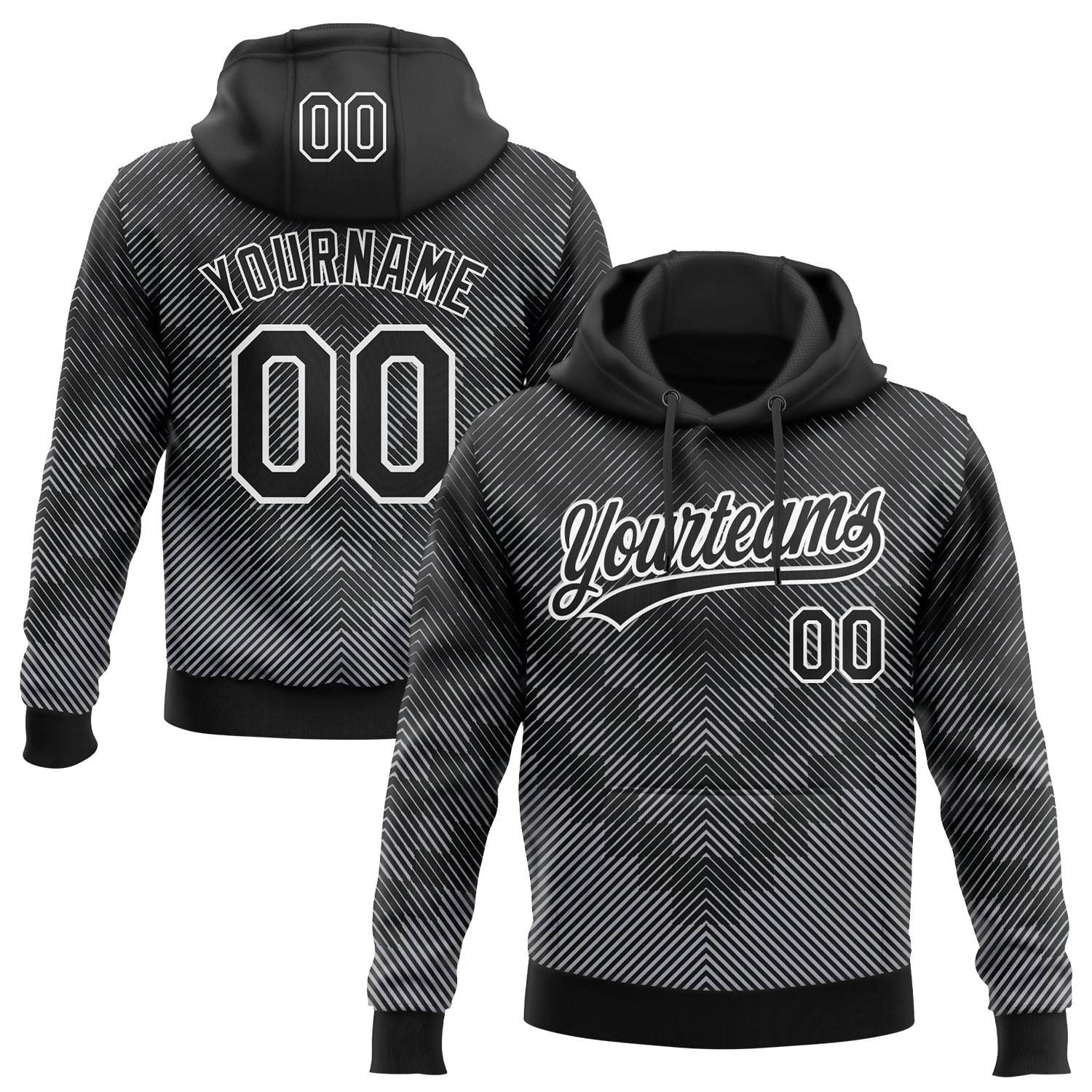 Custom Stitched Black White 3D Pattern Design Line Sportswear Pullover Sweatshirt Hoodie - Main View