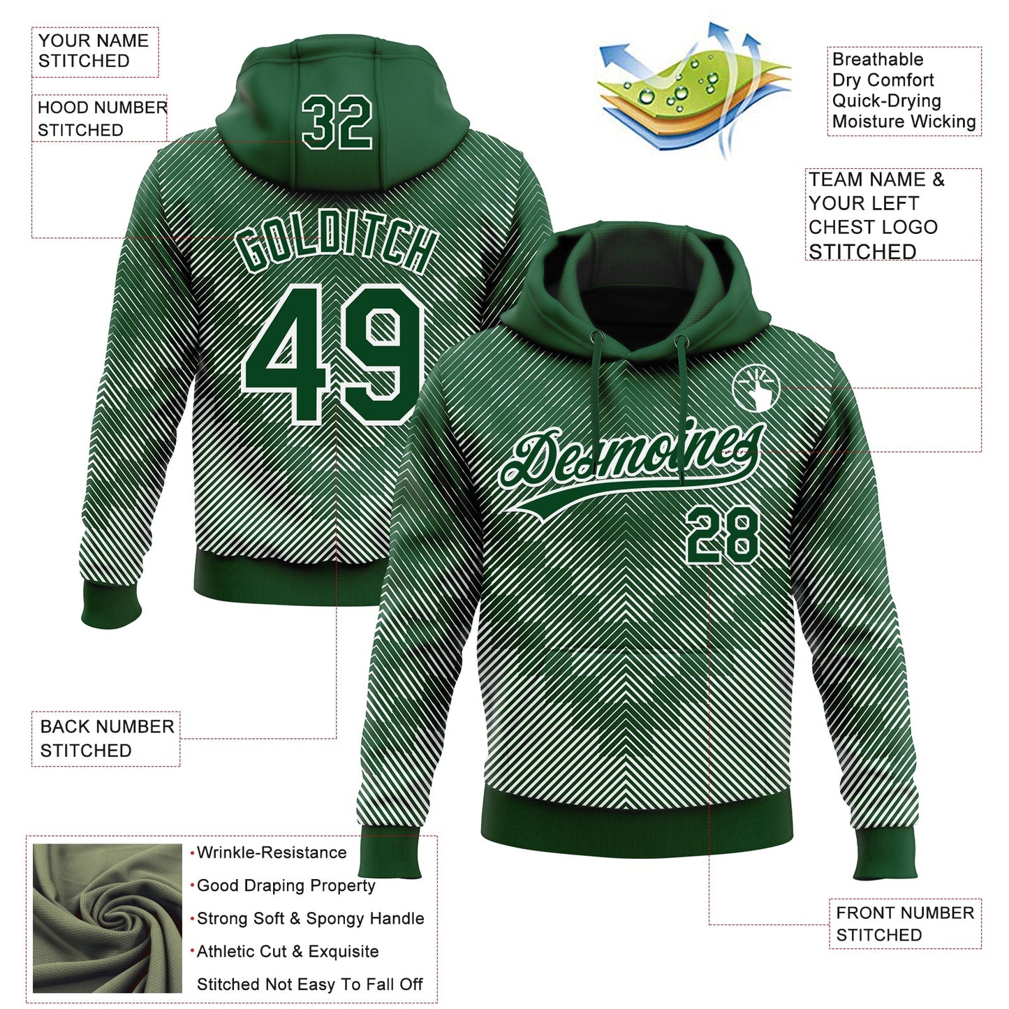 Custom Stitched Green White 3D Pattern Design Line Sportswear Pullover Sweatshirt Hoodie view 2