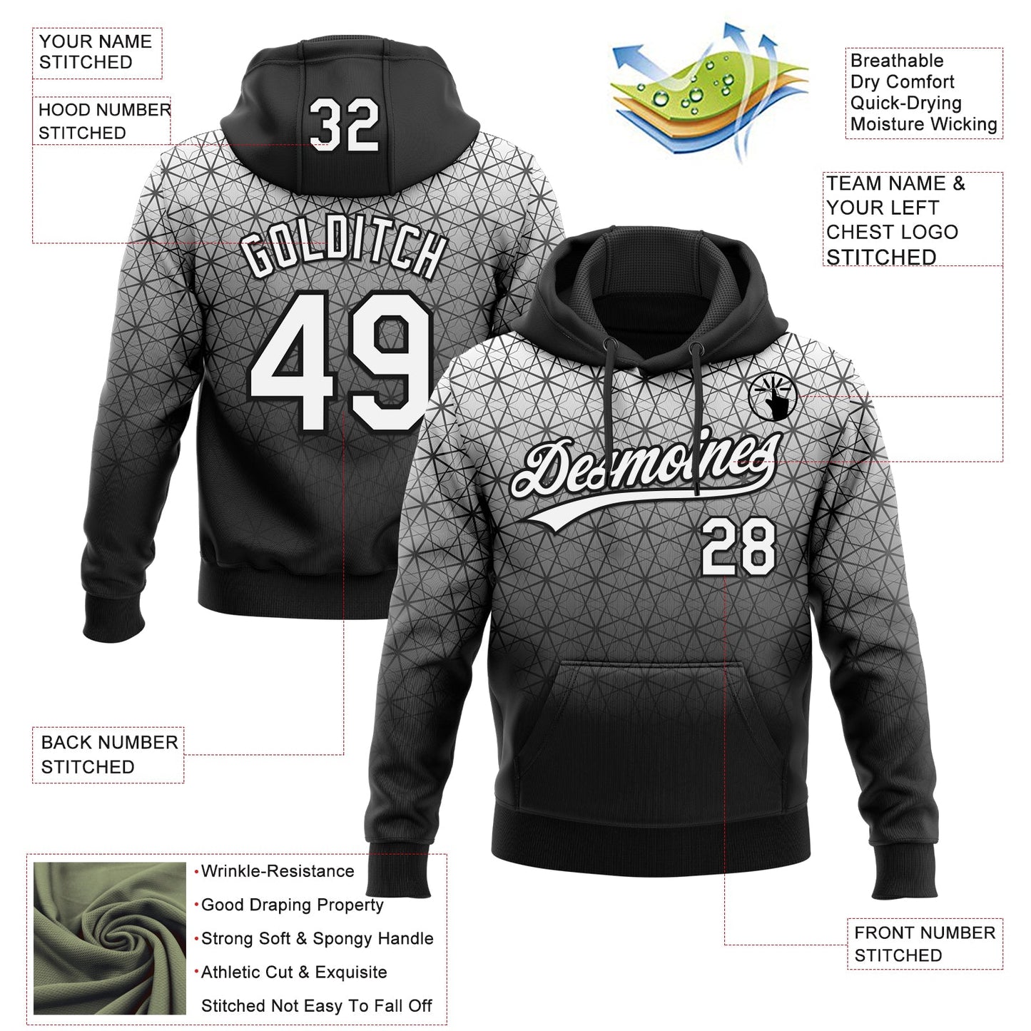 Custom Stitched Black White 3D Pattern Design Gradient Line Sportswear Pullover Sweatshirt Hoodie view 2