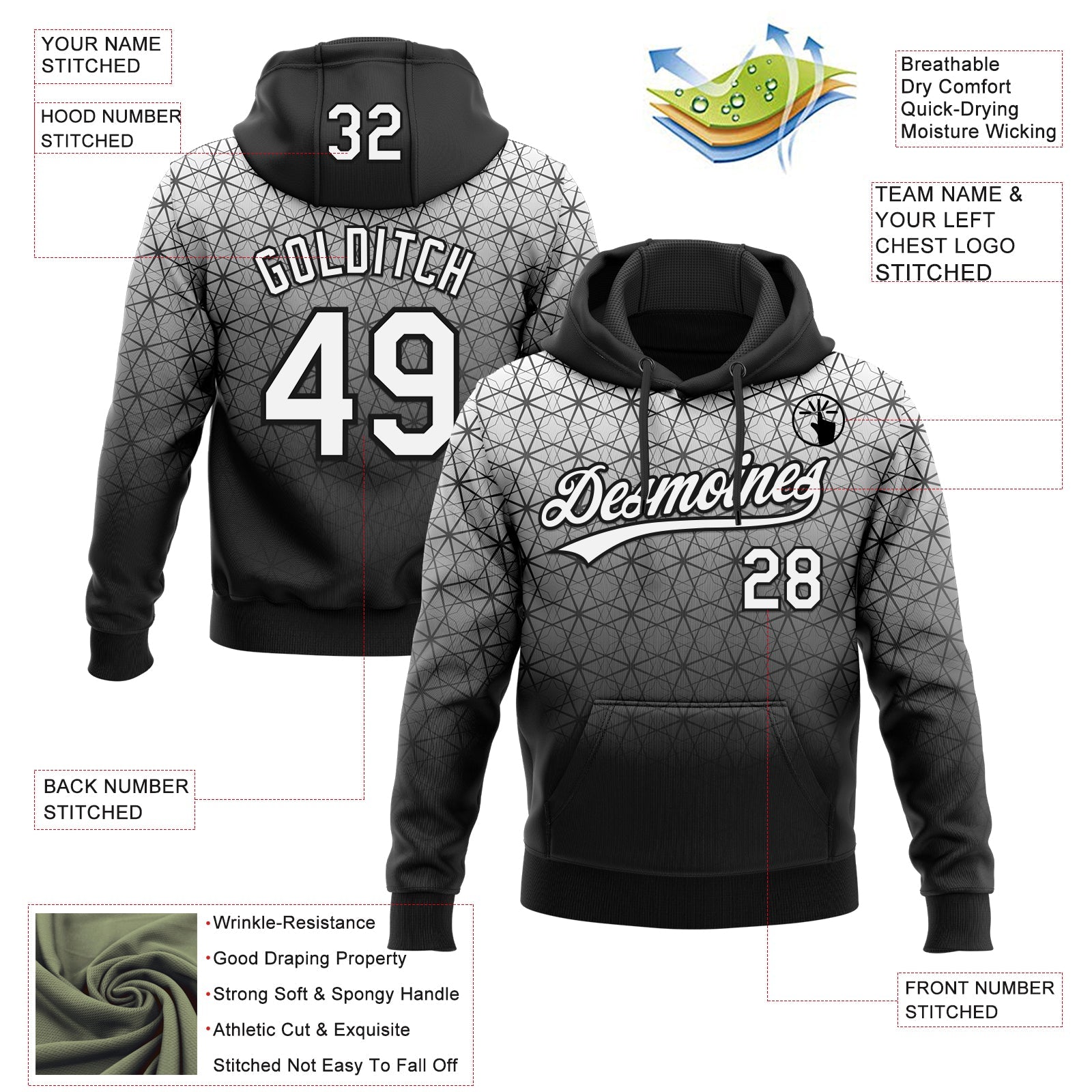 Custom Stitched Black White 3D Pattern Design Gradient Line Sportswear Pullover Sweatshirt Hoodie view 2